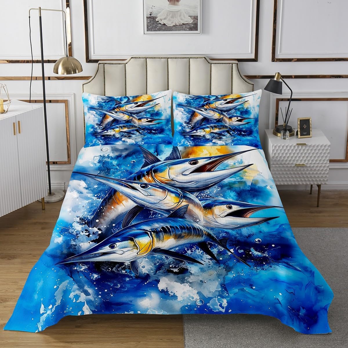 Feelyou Marlin Swordfish Bedspread Nautical Animal Bedspread for Kids Boys Girls Fishing Theme Coverlet Set Coastal Marine Life Quilted Bedroom Collection 2Pcs Twin Size