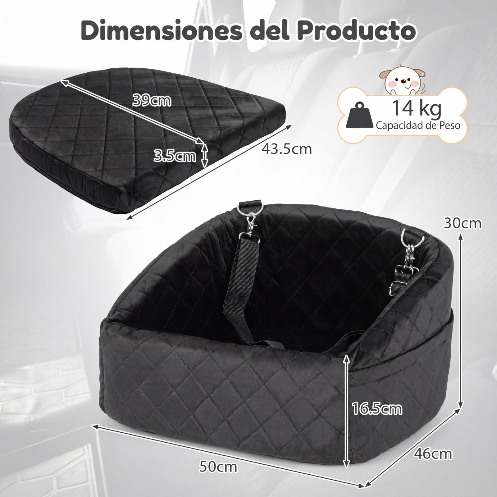 COSTWAY Asiento de Coche para Perros Pequeños y Medianos, Transportín Perro Coche con Correa de Seguridad, Bolsillos de Almacenaje, Base Antideslizante y Funda Lavable, 50 x 46 x 30 cm (Negro)