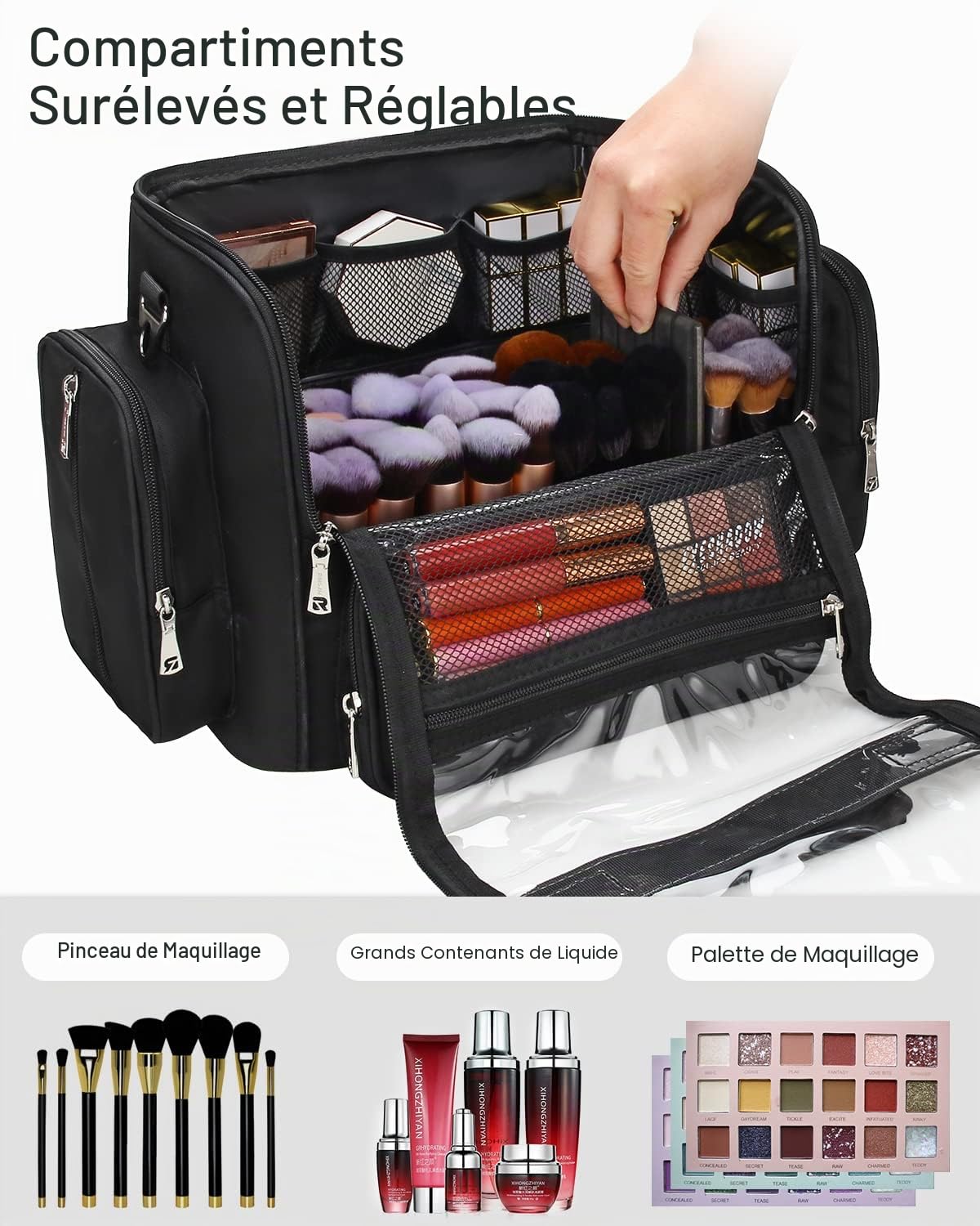 Trousse pour pinceaux de maquillage Relavel noire,Grande capacité,Organisateurs de maquillage et rangement avec séparateurs réglables, XXL, Trousse professionnelle pour pinceaux de maquillage