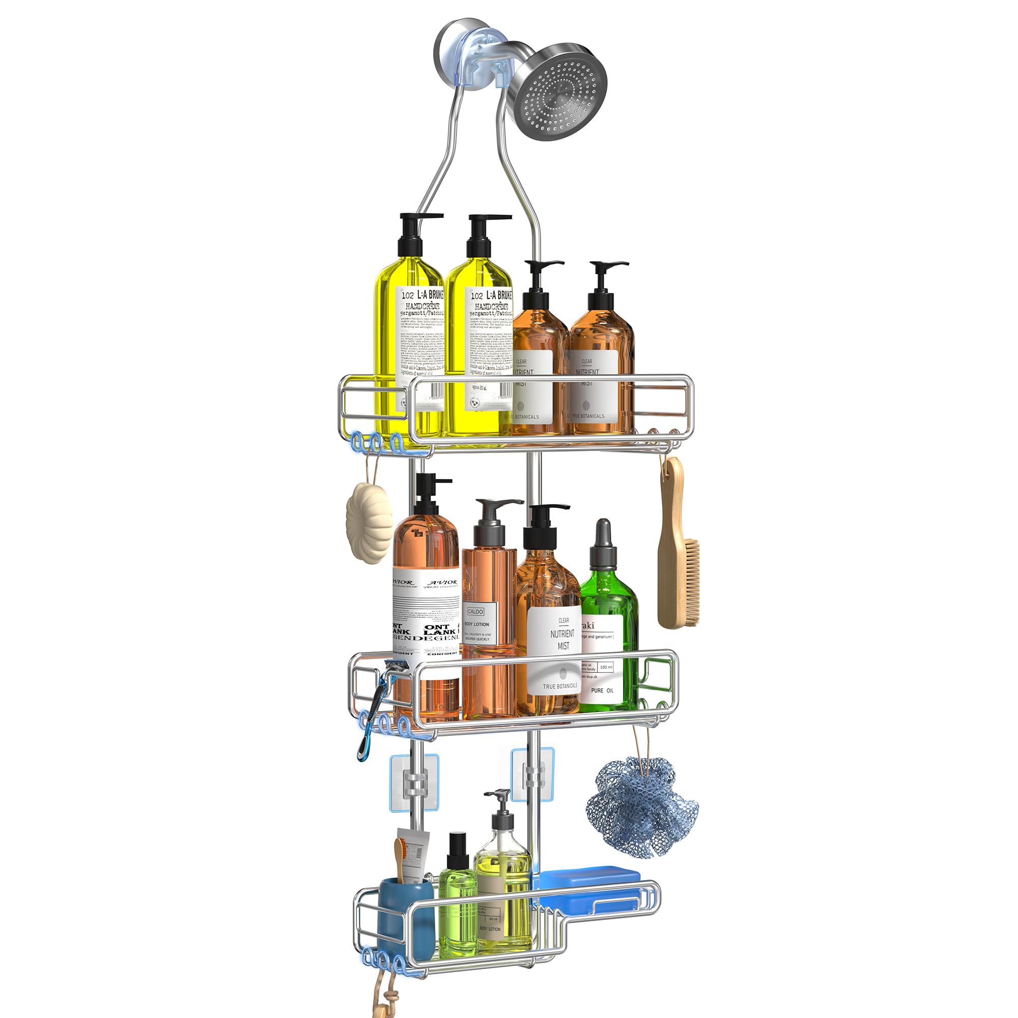 Shower Caddy Hanging Bathroom Organizer: Over Head Adjustable Rack for Tall Showerhead - Extra Large Storage Shelf for Big Shampoo Bottles with Soap Holder