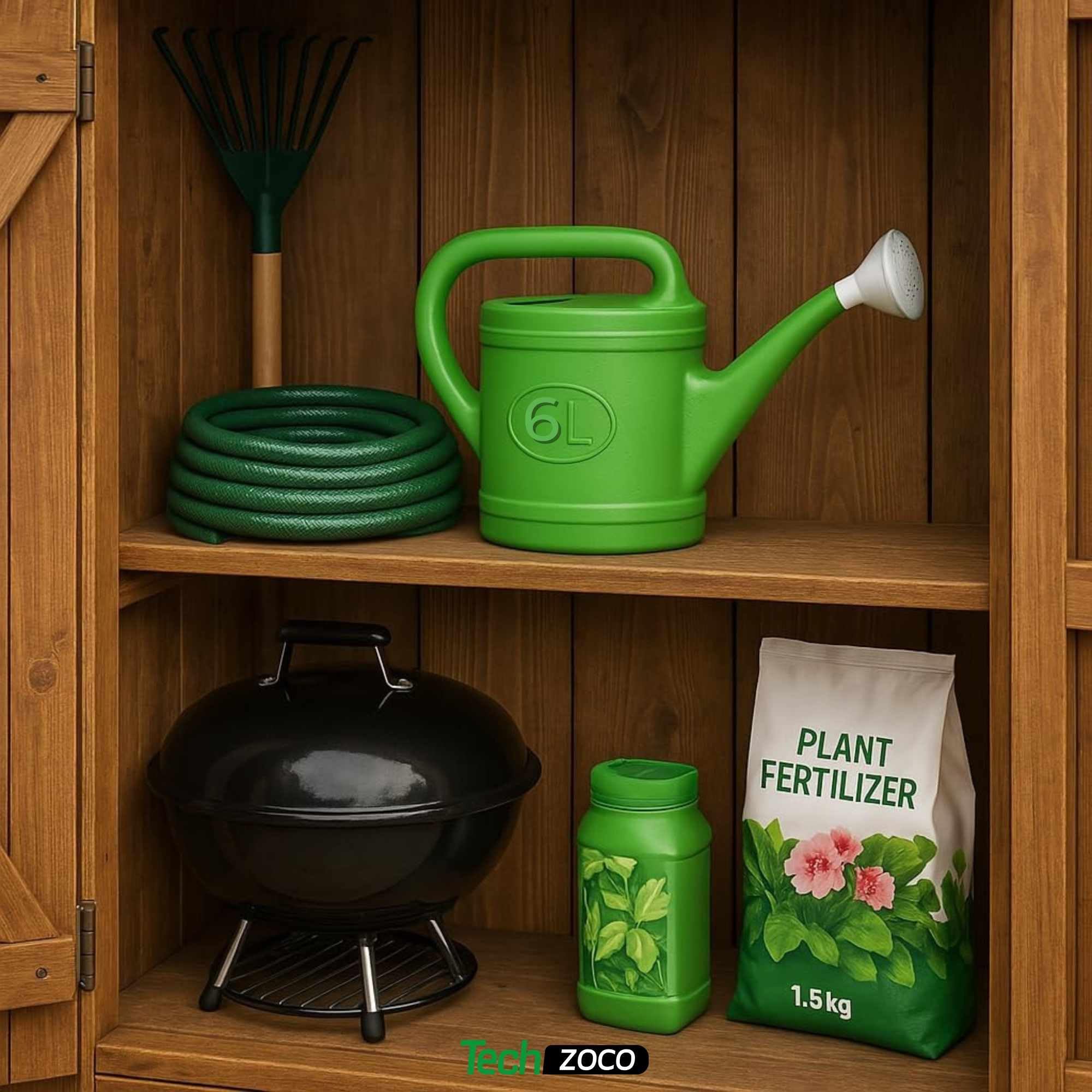 TECHZOCO Regadera de plástico, Regadera para Interior y Exterior, regadera de jardín, Diseño con Pico, Accesorio de riego, Asa de Transporte, Cabezal Efecto Lluvia, Verde, 6 litros