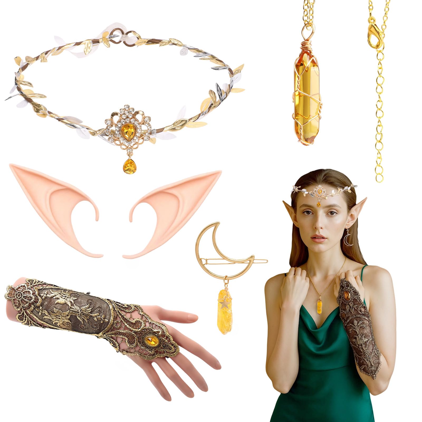 Beamely Elf Costume Set for Women, Forest Fairy Ears Accessories with Floral Wreath Gloves, Fairy Ears, Necklace, Renessance Elf Set, Forest Fairy Ears Set für Halloween Carnival Theme Party