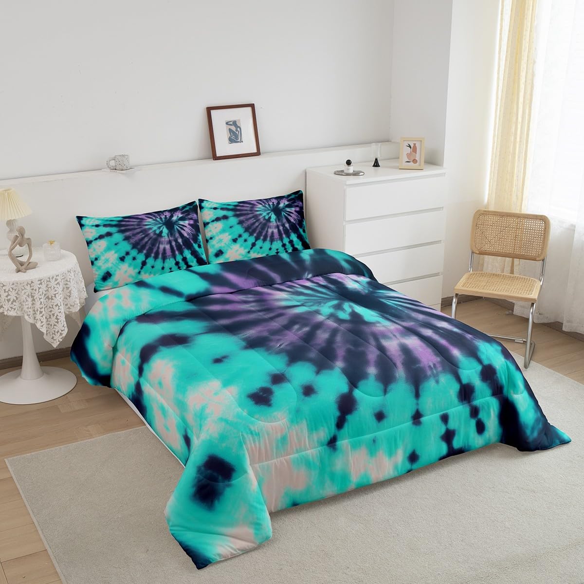 Feelyou Tie Dye Twin Comforter Set Kids - 2 Pieces Boho Trippy Swirl Bedding Set Twin, Teal Purple Bohemian Gypsy Twin Comforter Set with 1 Pillow Case, Soft Quilt Boys