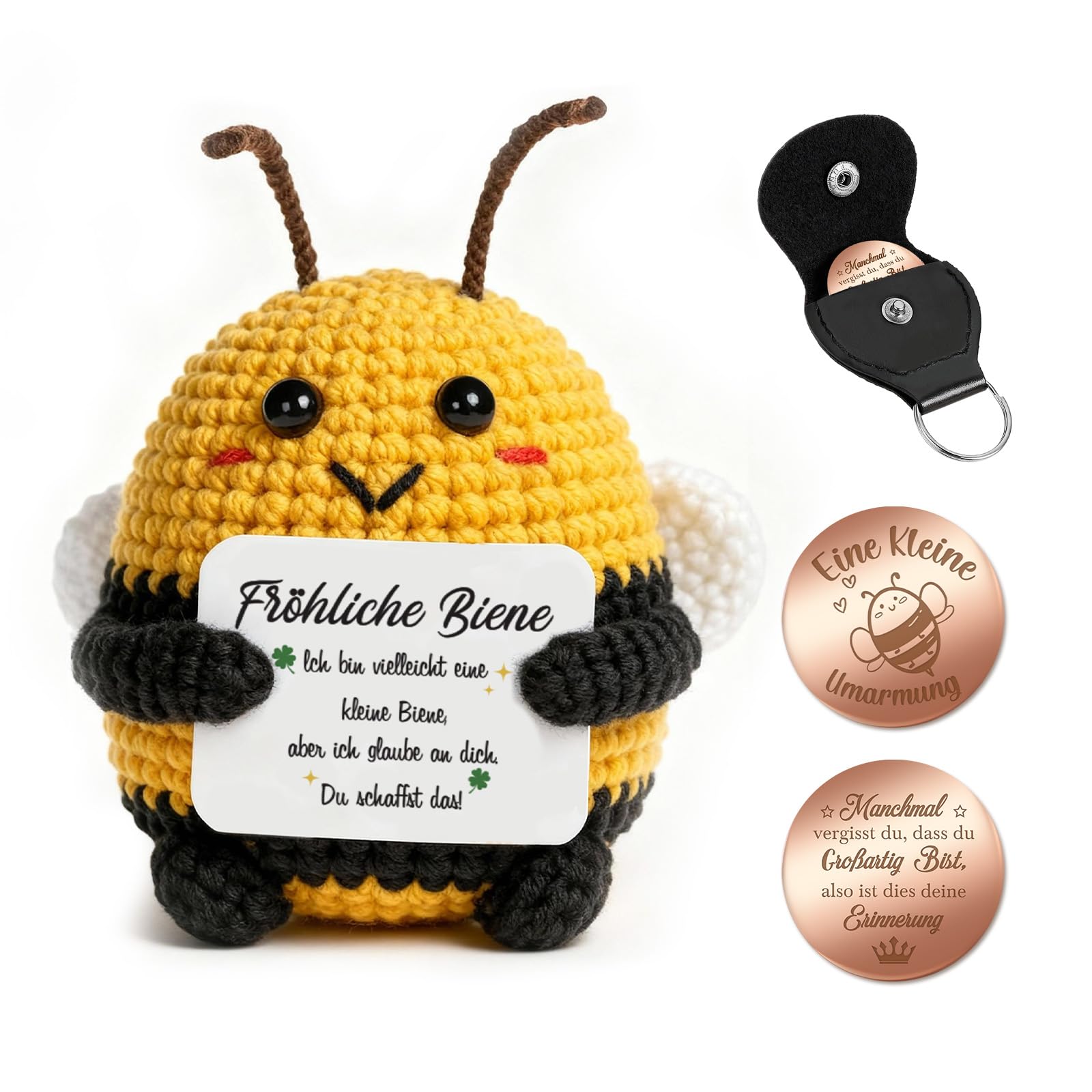 Giftota Pocket Hug Biene - Handgehäkelte Bienen mit Glücksmünze & Lederetui - Glücksbringer & Mutmacher - Geschenkidee zum Geburtstag - Gute Besserung - Geschenk für Männer, Frauen, Jugendliche