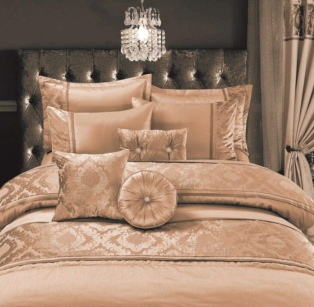 EHD Casablanca Embroidered Style Luxurious Matching Bed Spread With Two Pillowshams (Gold/Mink, Bed Spread With 2 Pillowshams)