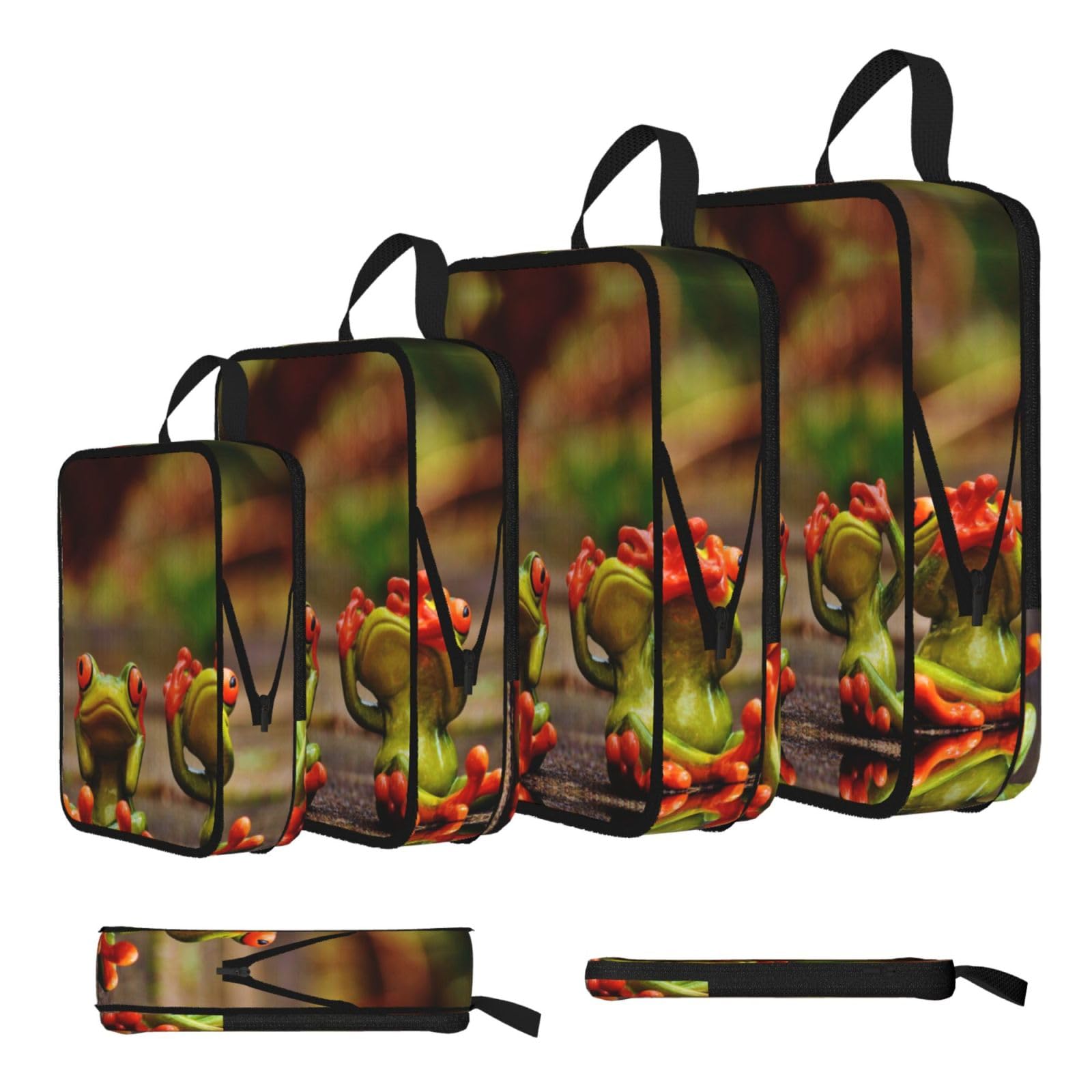 Funny Green Frogs Print Compression Packing Cubes 4-Piece Set With Multi- Compartment Travel Bag, Waterproof Suitcase Organiser Bags