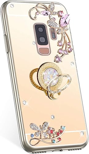 Jinghuash Kompatibel mit Samsung Galaxy Plus HA lle Spiegel mit Runde Ring StA nder GlA nzend Glitzer Schmetterling Blume Diamant Strass DA nn Weiche TPU Silikon HandyhA lle SchutzhA lle-Rotgold