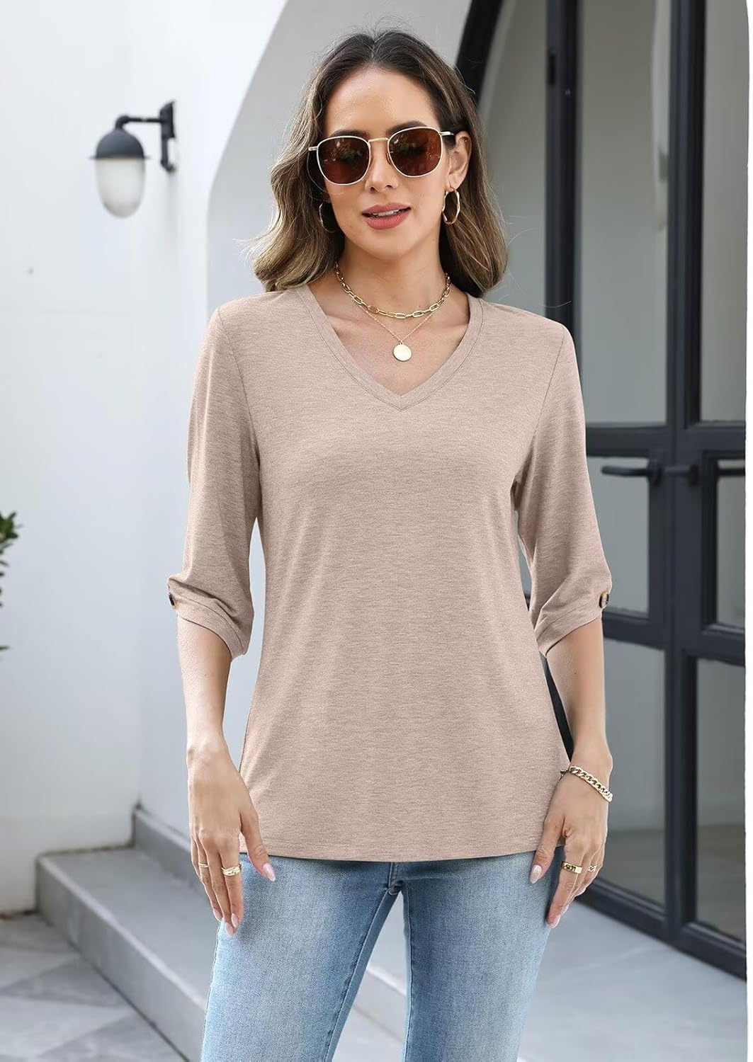 TICTICMIMI Womens Tops 3/4 Length Sleeve V Neck Casual Trendy Button Tunic Tops Summer Basic T-Shirts Loose Fit Pullover - Image 5