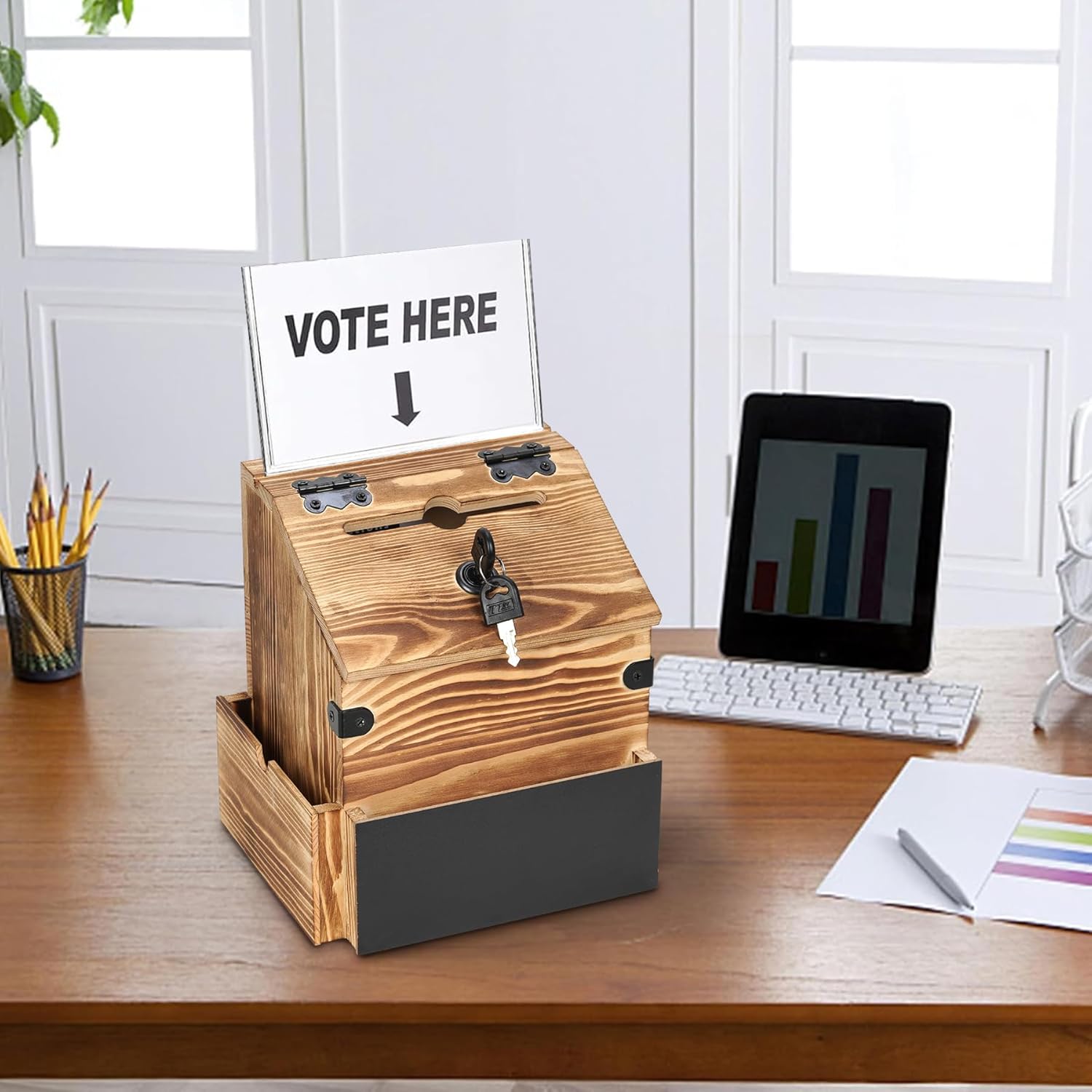 handrong Suggestion Box,Wooden Donation Boxes with Slot and Lock,Wood Raffle Box,Ballot Prayer Tip Money Drop Boxes with Sign Holder for Fundraising Prayer Ballot Comment