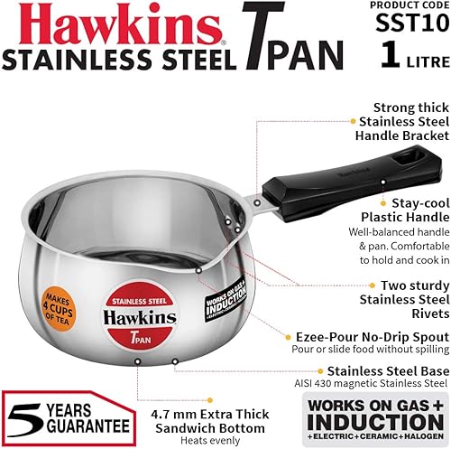 Miniatura 2 de Hawkins Sartén de 1 litro, sartén de acero inoxidable, sartén de inducción, sartén chai, sartén pequeña, plata (SST10)