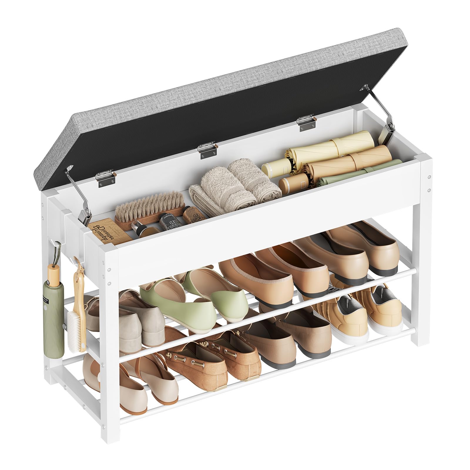 WOLTU Zapatero con Asiento Acolchado, Banco Zapatero de 2 Niveles, 1 Zona Oculto y 2 Ganchos, Organizador para Zapatos, Estructura Metálica, para Entrada o Pasillo, 80x30x50 cm, Blanco+Gris Claro