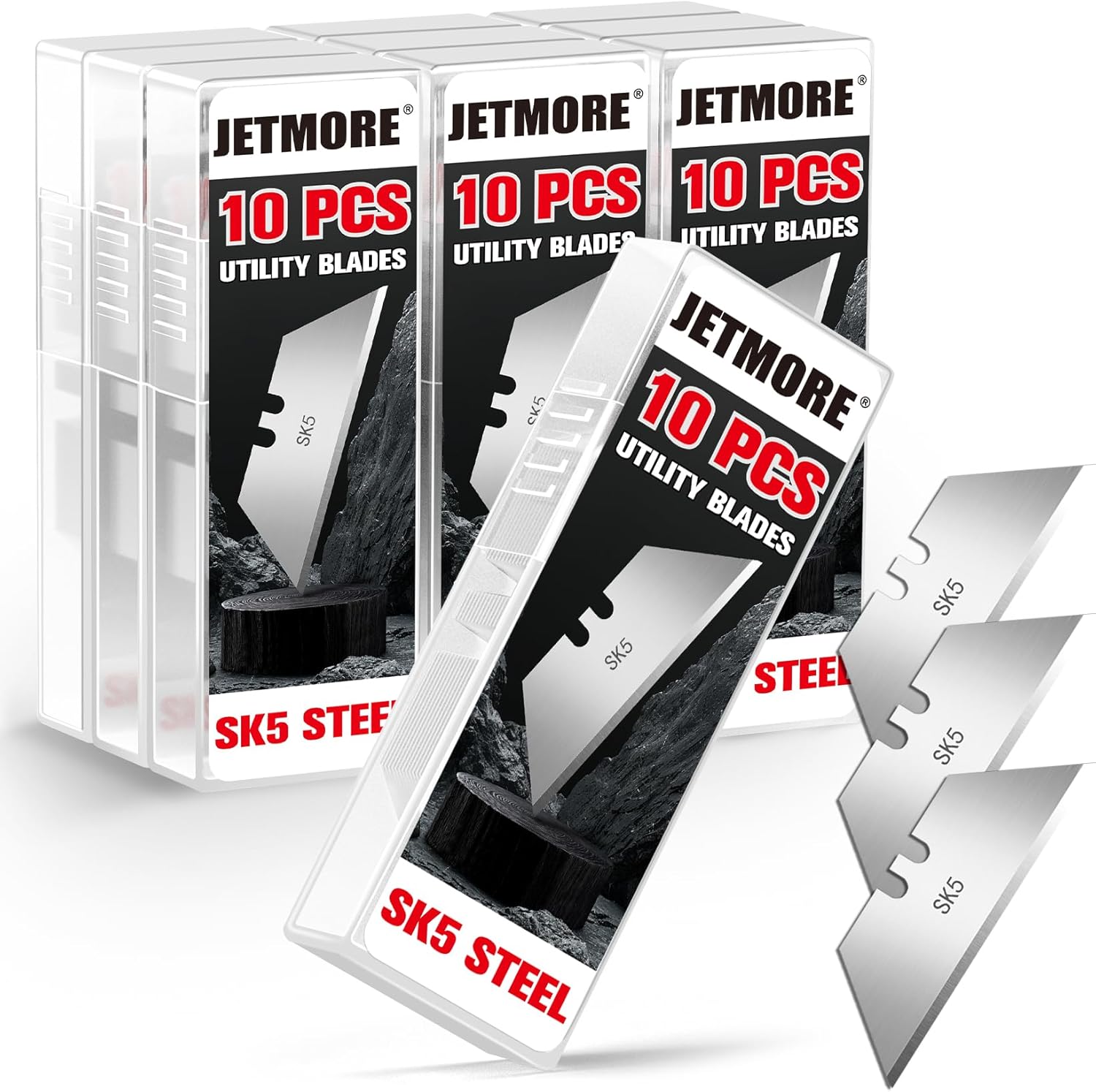 Jetmore 100 Pack SK5 Steel Utility Knife Blades - Heavy Duty Box Cutter Refills with Storage Box for Drywall, Carpet & More