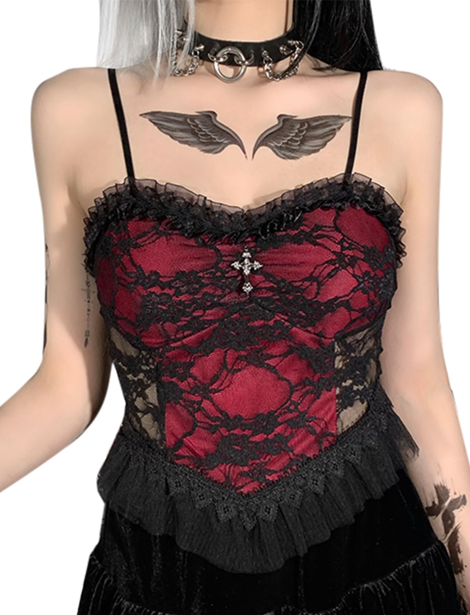 FEOYA Damen Gothic Tank Top Spitze Cami Crop Tops Goth V Ausschnitt Slim Fit Bustier Korsett Vintage Y2K Ärmellose Trägerweste
