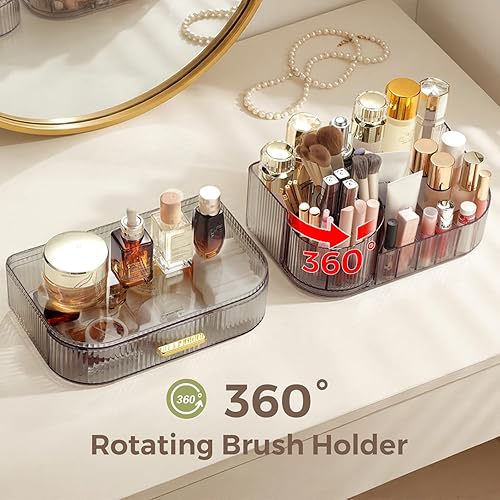 Miniatura 5 de Delamu Organizador de maquillaje para tocador con cajones apilables, soporte giratorio de 360º para brochas de maquillaje, vitrina grande de