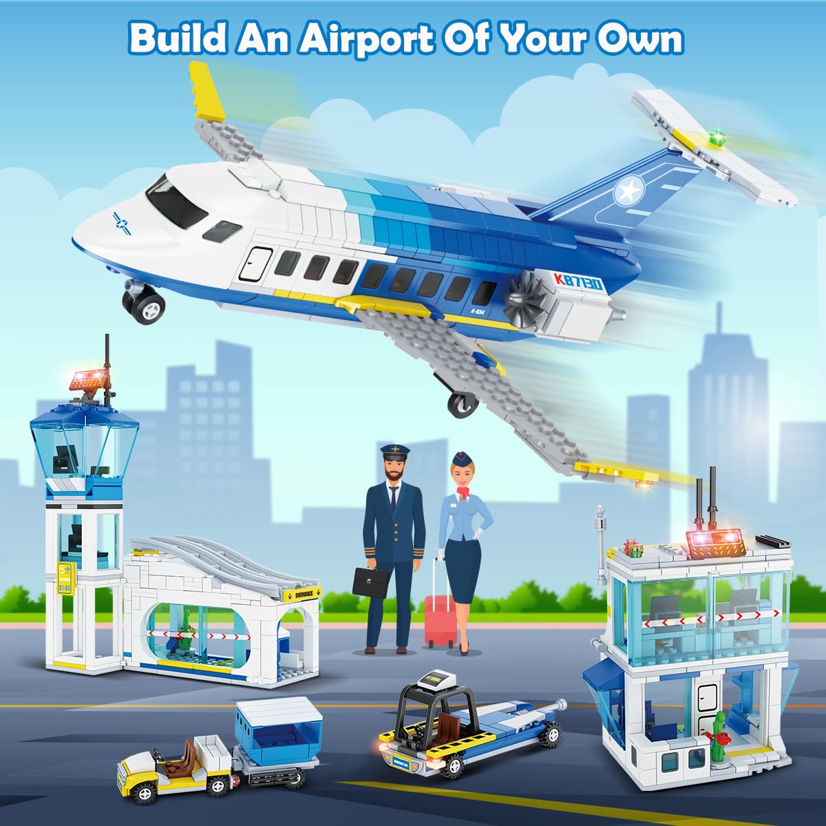 City Passenger Airplane Building Set, 711 PCS 3 IN 1 Plane Building Blocks Kit with Airport Terminal, Radar Tower, Luggage Truck, Planes Model Toys Gift for Boys Girls Kids 6 7 8 9+ Years Old