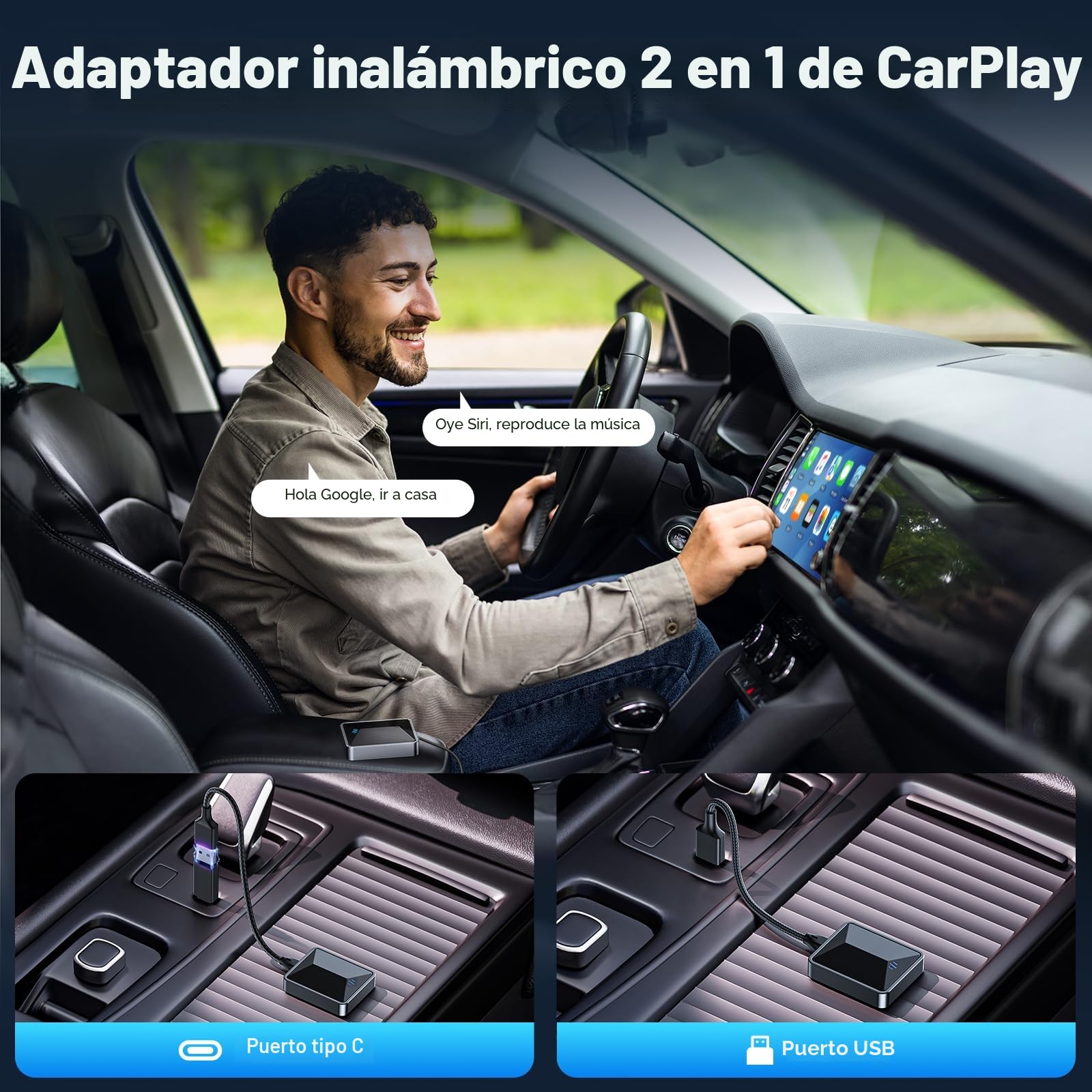 LAMTTO Adaptador CarPlay Inalámbrico 2 en 1,Convertir CarPlay/Android Auto Cable a Sin Cables,Bluetooth 5.3+5.8GHz WiFi,Plug y Play para iPhone iOS 11+/Android 11+ con Seat/Renault/Peugeot/VW 2016+