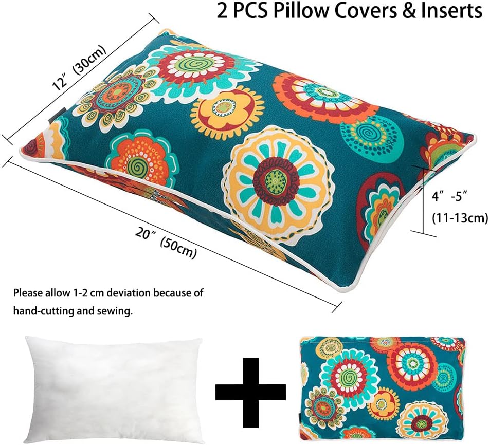 Magpie Fabrics Pack of 2 Outdoor Waterproof Lumbar Rectangular Throw Pillow with Insert 12x20 Inch, Home Decorative Toss Cushion for Patio Garden Car Office (Heronsbill Turquoise Green)