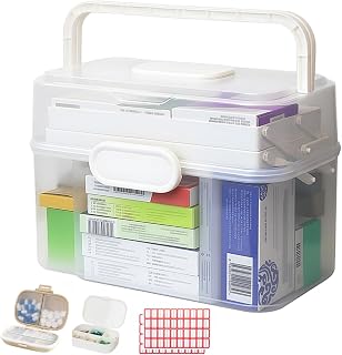 Medicine Organizer Box with Handle – 3-Layer Medicine Cabinet Storage Case with 2 Pill Boxes & 70 Labels, Large Capacity Moisture-Proof Medicine Storage for Home Office Travel
