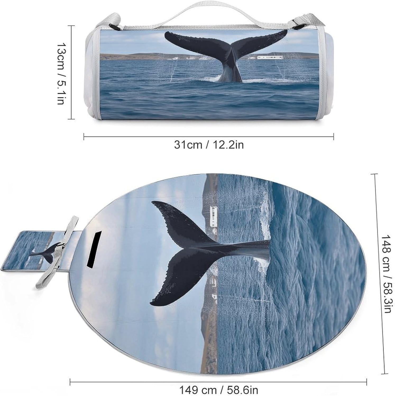 Whale Tail Picnic Blanket Foldable Outdoor Round Blankets Lightweight Beach Mats Portable Waterproof Park Sand Free Mat for Camping Hiking Sports Activities