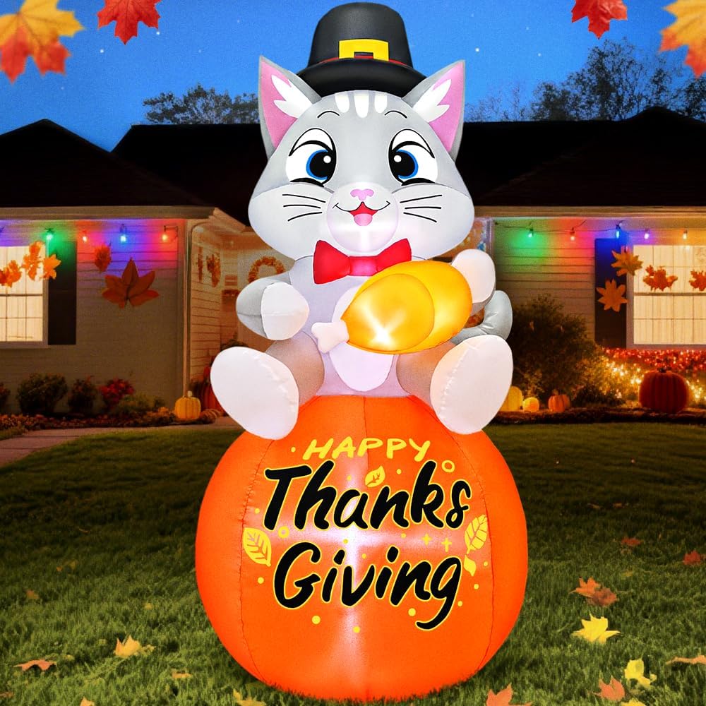 5FT Thanksgiving Inflatables Outdoor Decoration Inflatable Cat Sits on Pumpkin, Built in LED Lights Blow Up Yard Decorations for Fall Holiday Party Garden Lawn Décor
