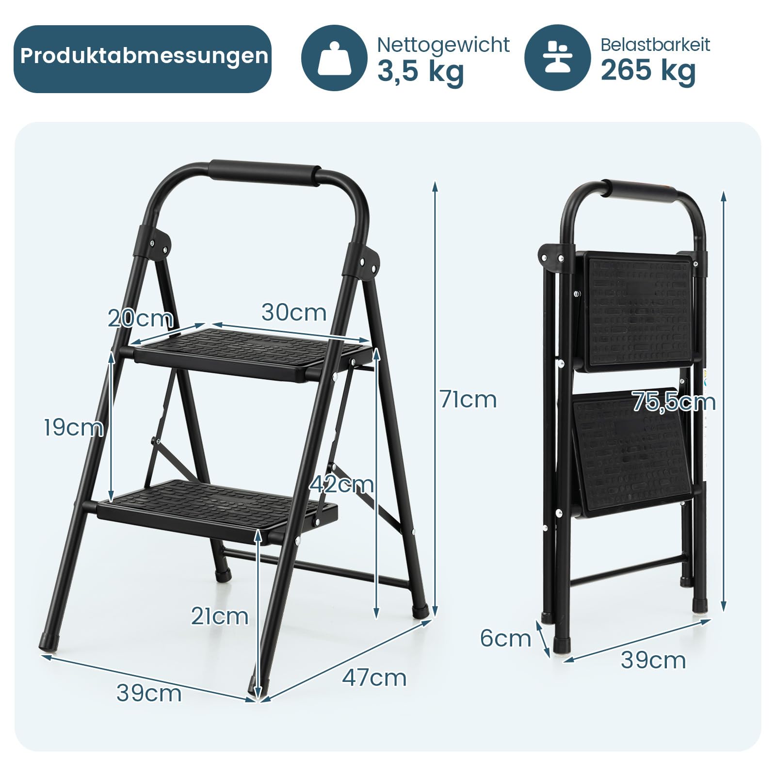 COSTWAY Drabina schodowa, 2 stopnie, składana drabina stojąca do 150 kg, składana, z antypoślizgową poręczą i platformą, metalowa drabina domowa, do domu, biura, garażu, czarna (2 stopnie)