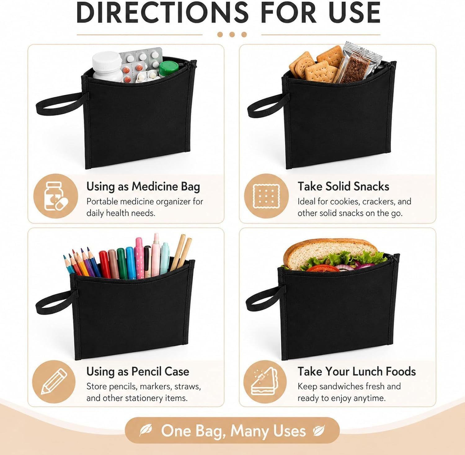 6 Set Insulated Sandwich Bags, Reusable Snack Pouch, Mini Lunch Bag, Black