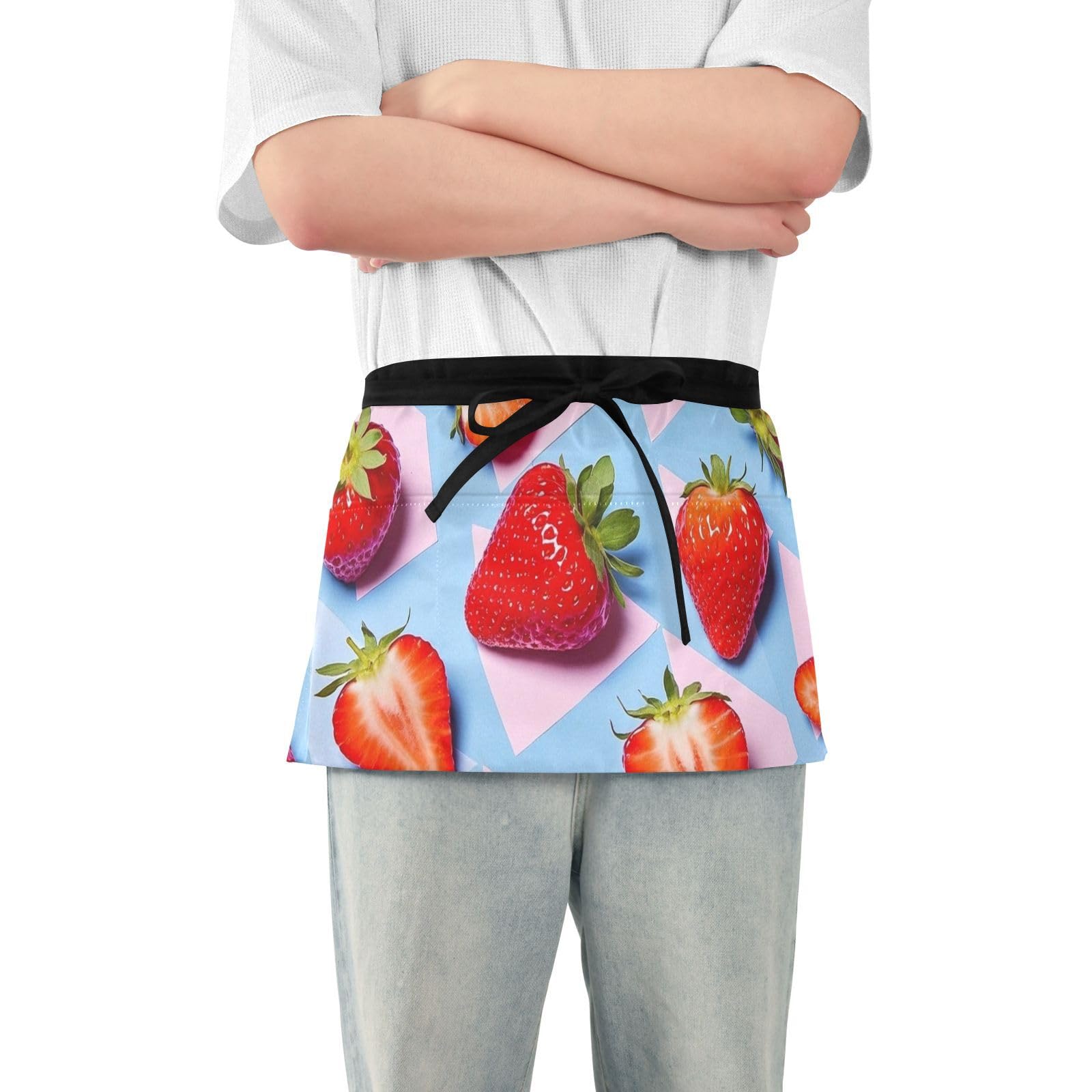 FASHON&FASCIN Server Apron with Pockets Waist Aprons Half Waitress Apron Strawberry Design for Gardening Restaurant,Multi16