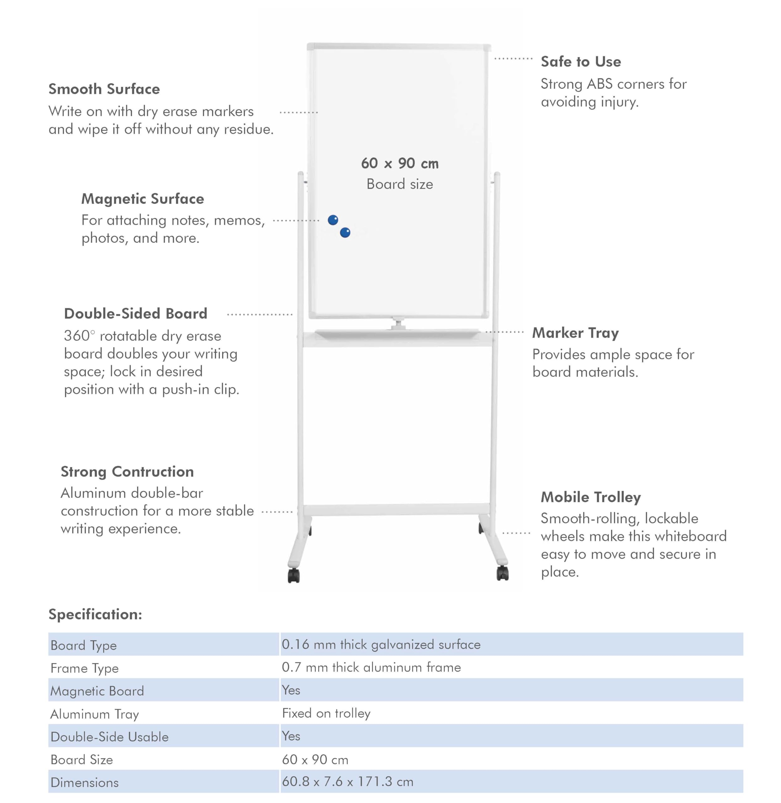 LogiLink EO0063 - Pizarra blanca de 2 caras, 60 x 90 cm, con ruedas, marco de aluminio