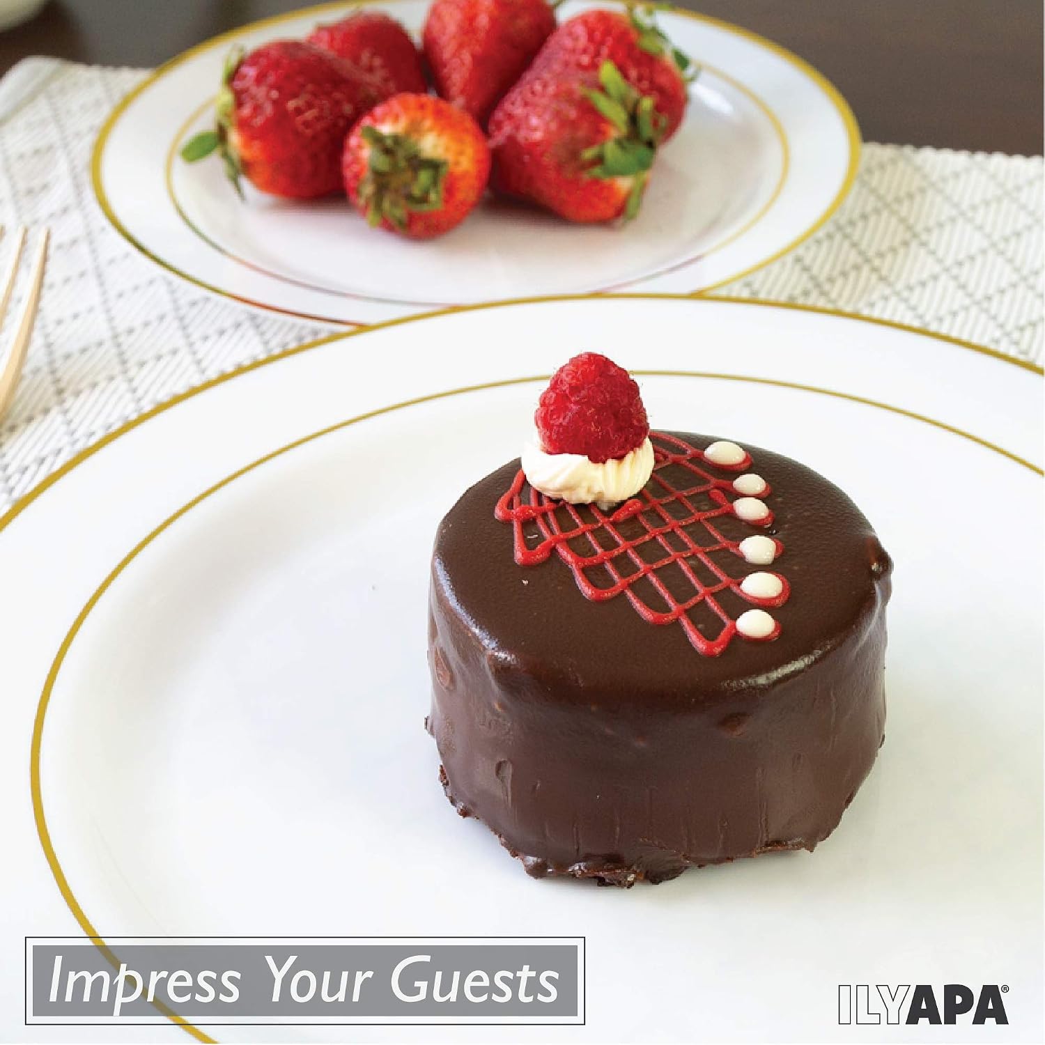 Ilyapa 60 Gold Rim Plastic Plates Set - Bulk White Gold Rimmed Dinner & Salad Disposable Plates for Wedding or Party