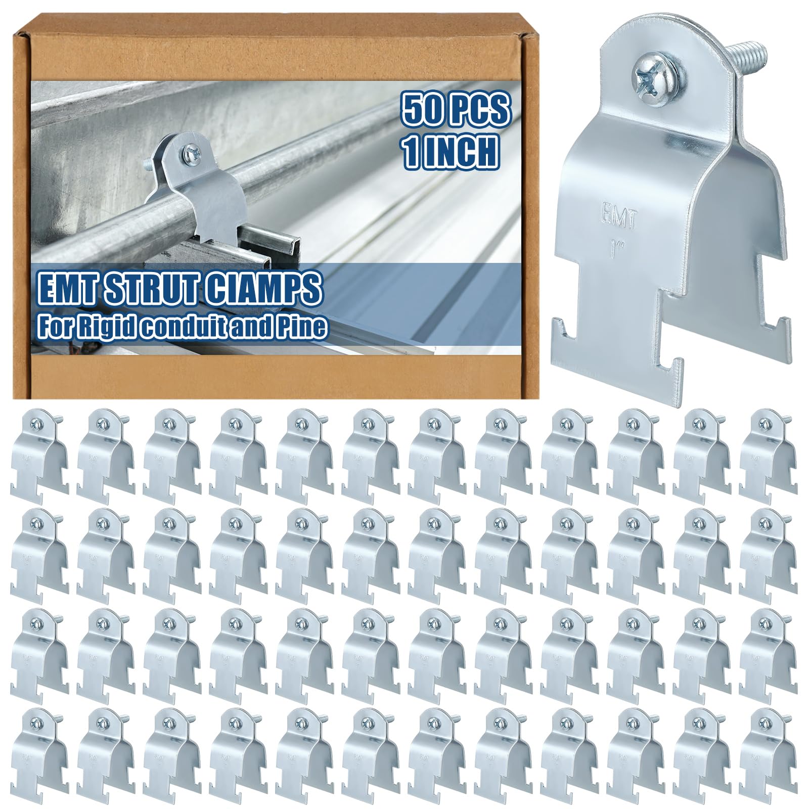 Landhoow Emt Pipe Universal Strut Clamps Strut Channel Accessory Electro Galvanized Conduit Clamp with Bolt and Nut, Rigid Pipe Tool(1 Inch,Silver,50 Pcs)