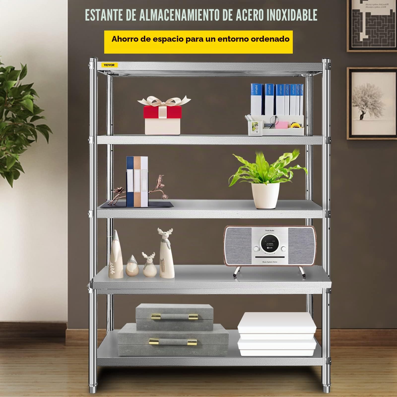 VEVOR Estantería de Acero Inoxidable de 48 x 18.5 Pulgadas, 5 Niveles Ajustables, estantería de Acero Inoxidable Resistente para Cocina, Oficina, Garaje, Almacenamiento, 330 Libras por Estante