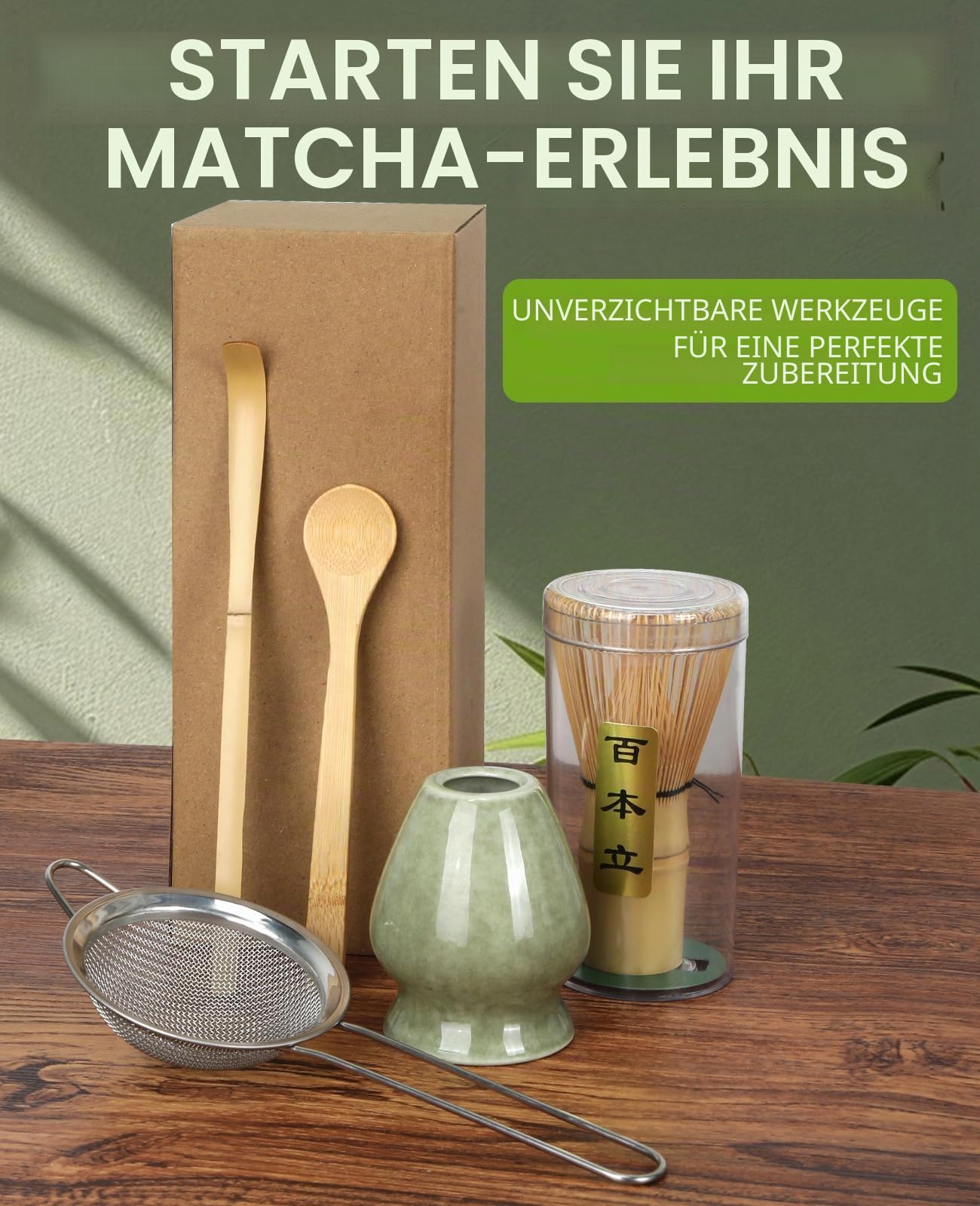 Matcha Schneebesen Set, 5 Stück mit Bambus Matcha Schneebesen, Keramik Chasen Halter, Pulver Starter Sieb, Bambus Schaufel, Löffel, Matcha Tee Herstellung Werkzeuge für Starter Matcha Liebhaber