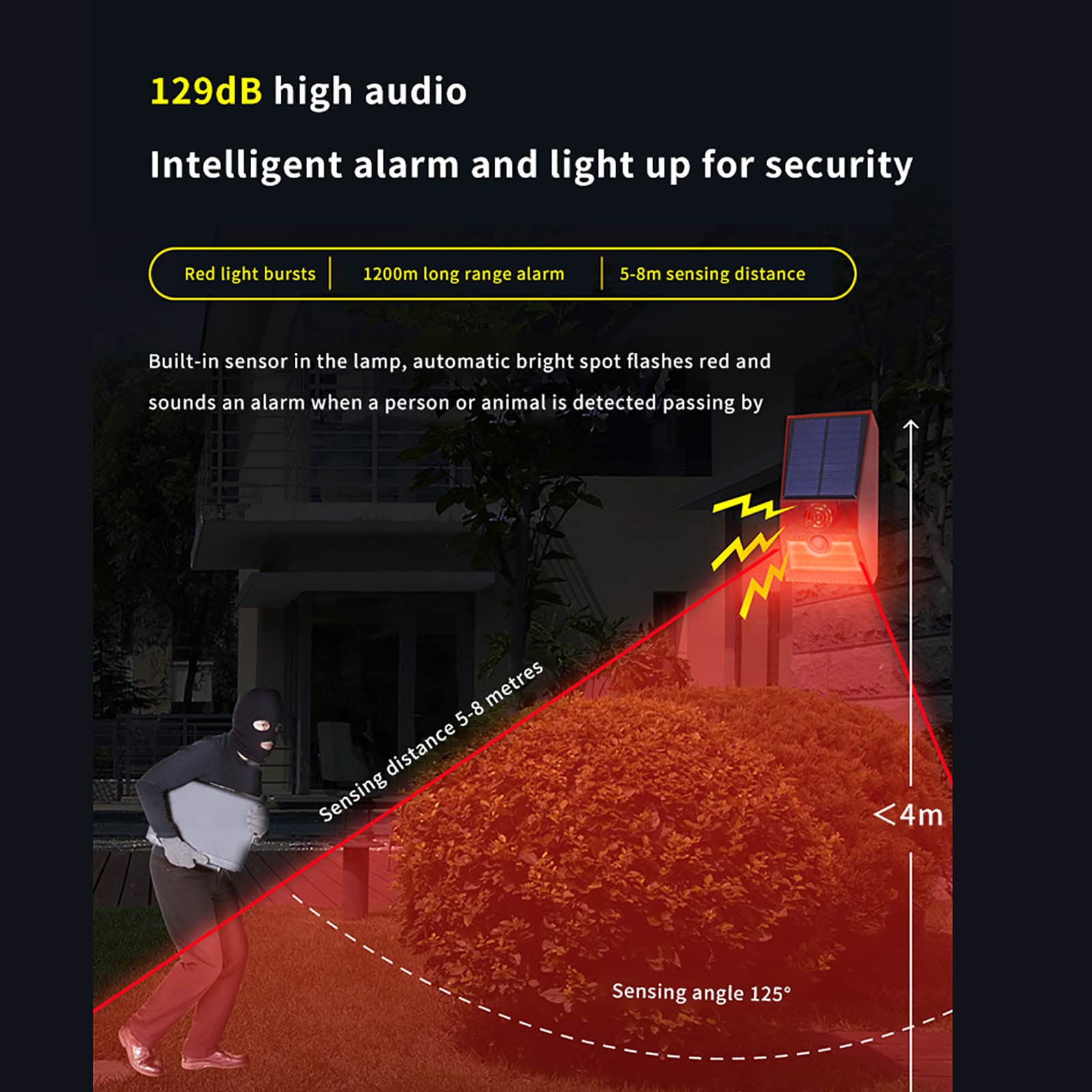 Luz de alarma estroboscópica solar con mando a distancia, 129 db, luz de sirena de seguridad de sonido para el hogar, villa, granja, lámpara de alarma roja para exteriores, IP55 impermeable