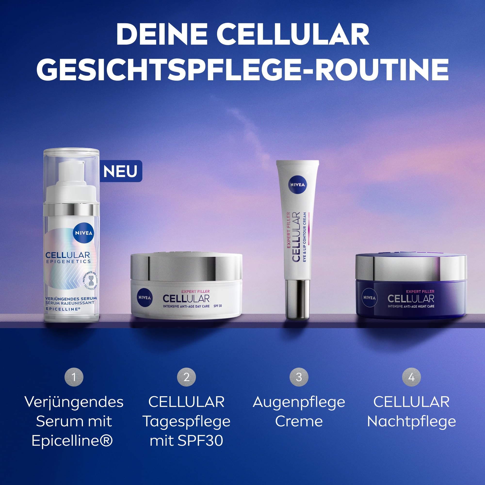 NIVEA Cellular Epigenetics Verjüngendes Serum mit EPICELLINE, setzt das Hautalter in 2 Wochen zurück, revolutionäre Gesichtspflege mit 3 Arten Hyaluronsäure (30 ml)