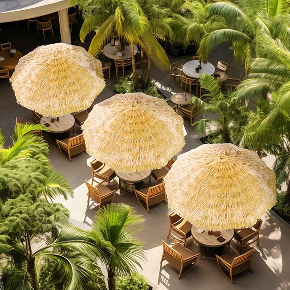 Tiki Parasol tarasowy 2,1 m / 2,4 m, ochrona przed promieniowaniem UV, na zewnątrz, hawajska słomka, pochylany przenośny, z torbą do przenoszenia, haczykiem i żelaznym drążkiem środkowym