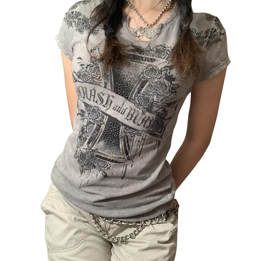 あああused graphic y2k tops Women Y2K Floral Graphic Long Sleeve T-Shirt Fall Spring