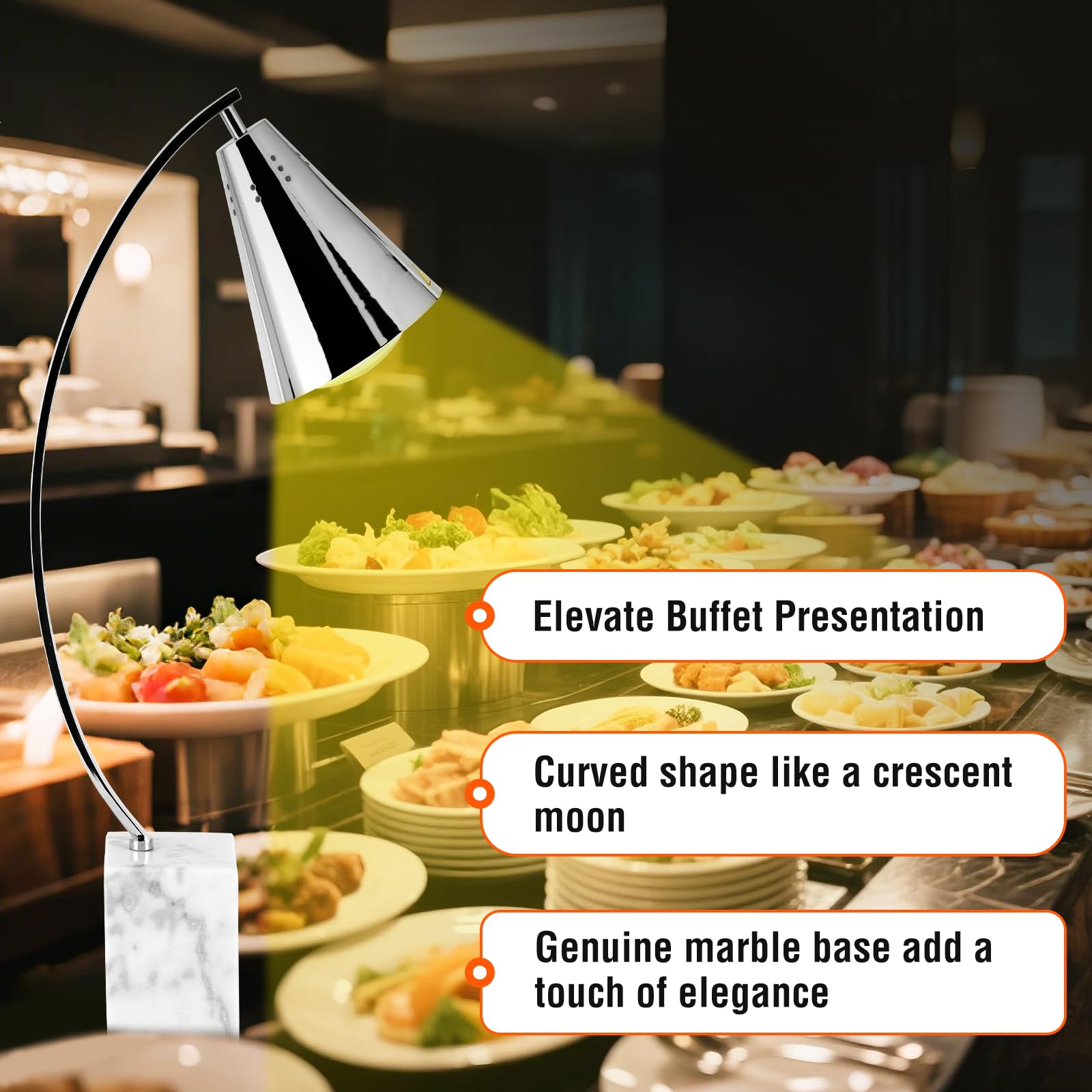 Tragaomx Commercial Food Heat Lamp with Marble Base and Heating Bulb for Food Warmer Light Lamp for Buffet Food Service Catering