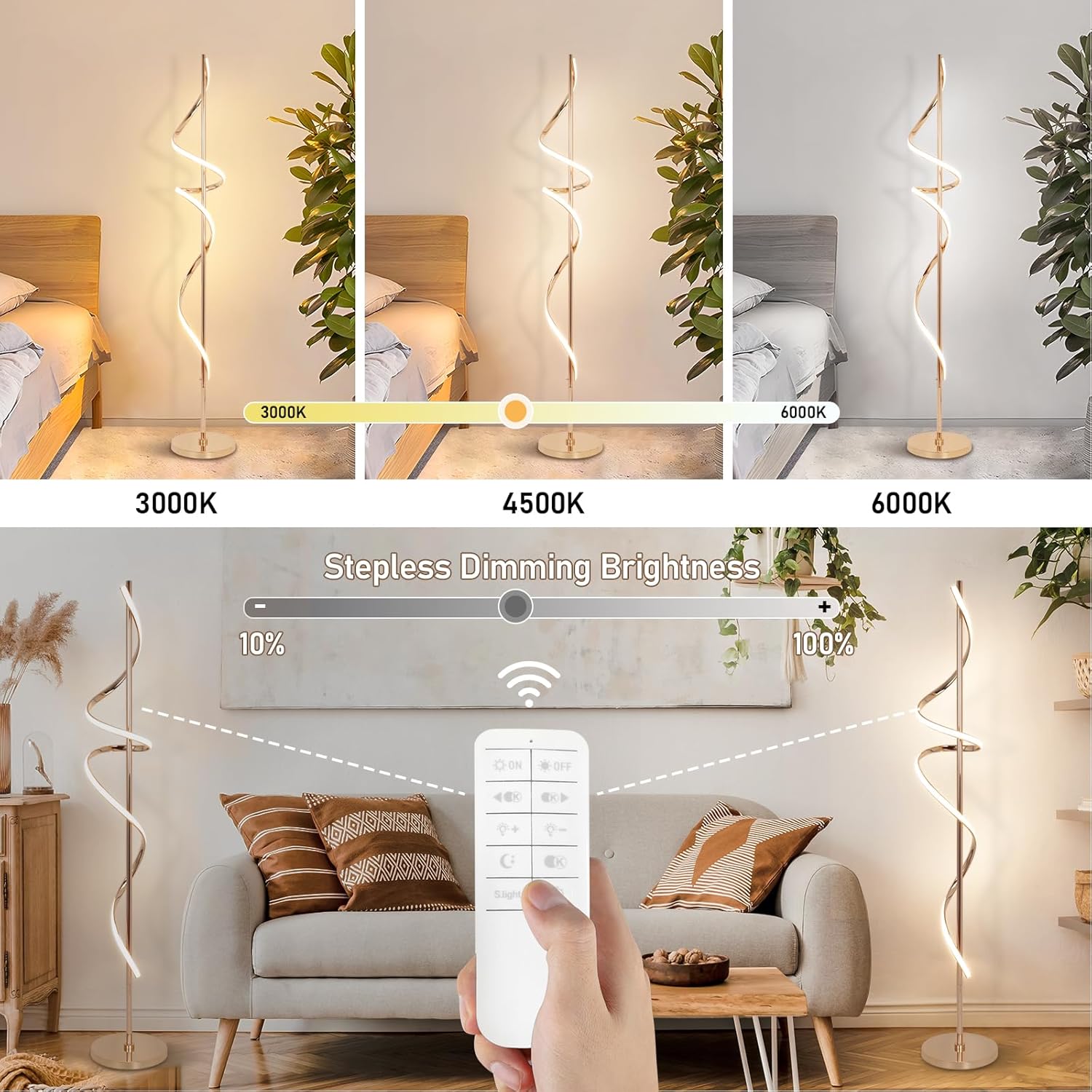 EIDISUNY LED Floor Lamp for Living Room, 60 inches Spiral Floor Lamp with Remote Control, 48W, 3 Color Temperatures,Dimmable, for Bedroom, Office Gold