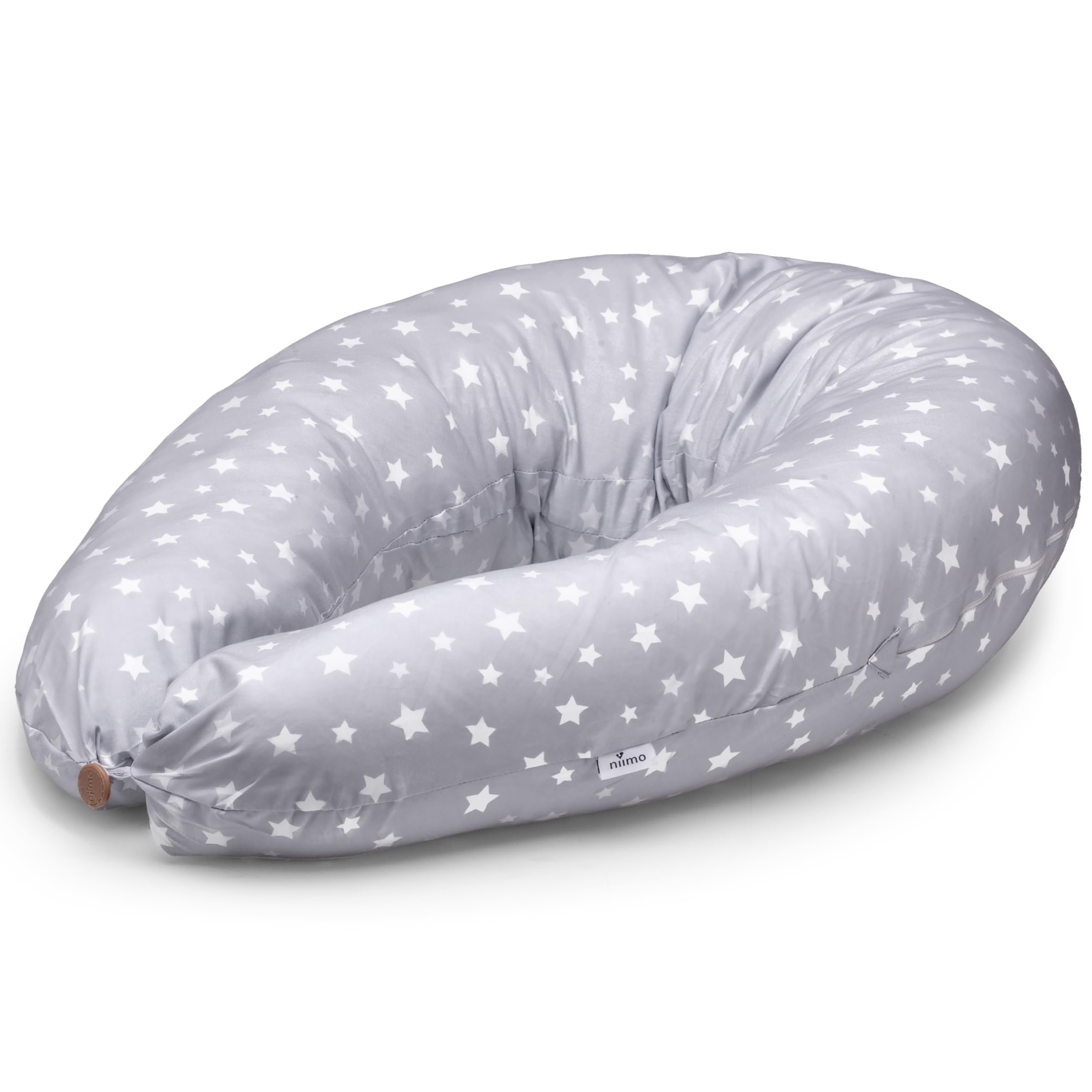 Niimo XXL 2-in-1 Schwangerschaftskissen & Stillkissen - 100% Baumwollbezug mit Faserfüllung, 100% Waschbar, Ergonomisch & Multifunktional, Grau mit weißen Sternen (200 x 70 cm)