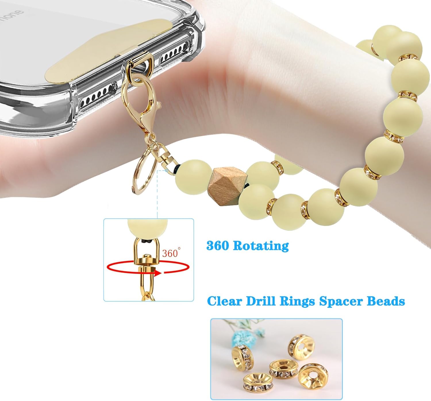Silicone Beaded Phone Wrist Strap, Phone Bracelet Strap with Tether Tab Elastic Hands Free Wristlet Strap - Image 2