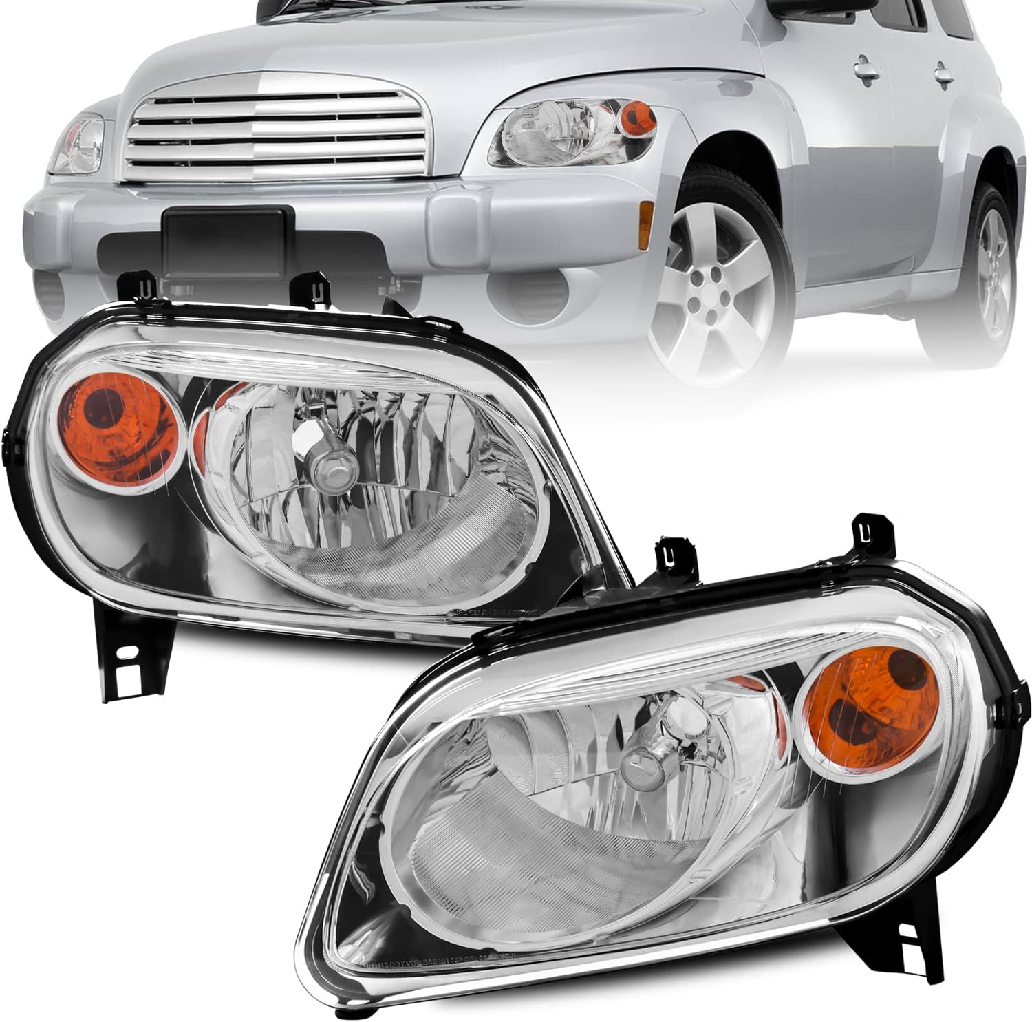 MOSTPLUS Headlight Assembly Compatible with 2006-2011 Chevy HHR Front Lamp with Chrome Housing/Clear Lens/Amber Reflector