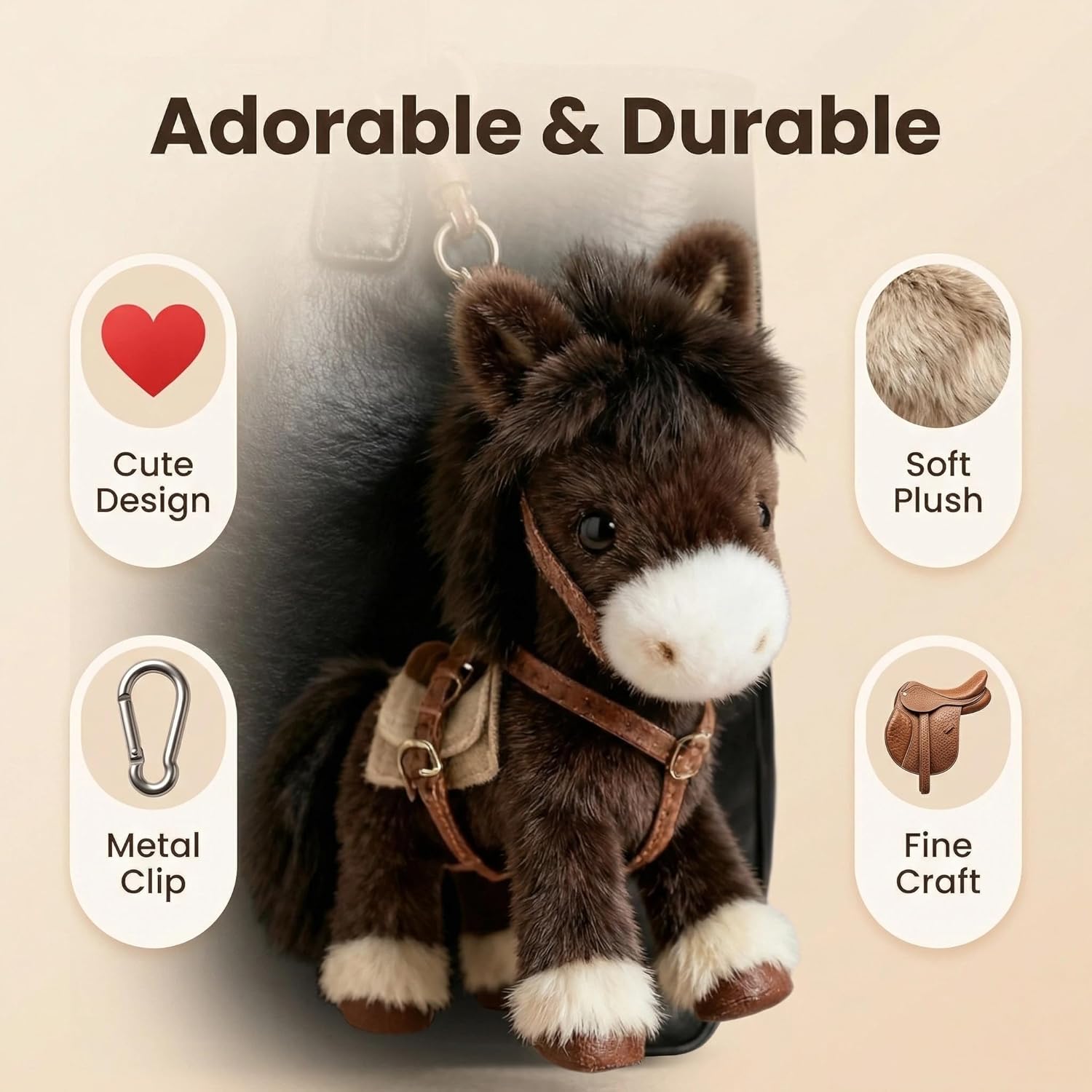 Plush Pony Bag Charm and Keychain - Cute Stuffed Horse Key Ring, Soft Plush Backpack Charm Accessory for Women Girls