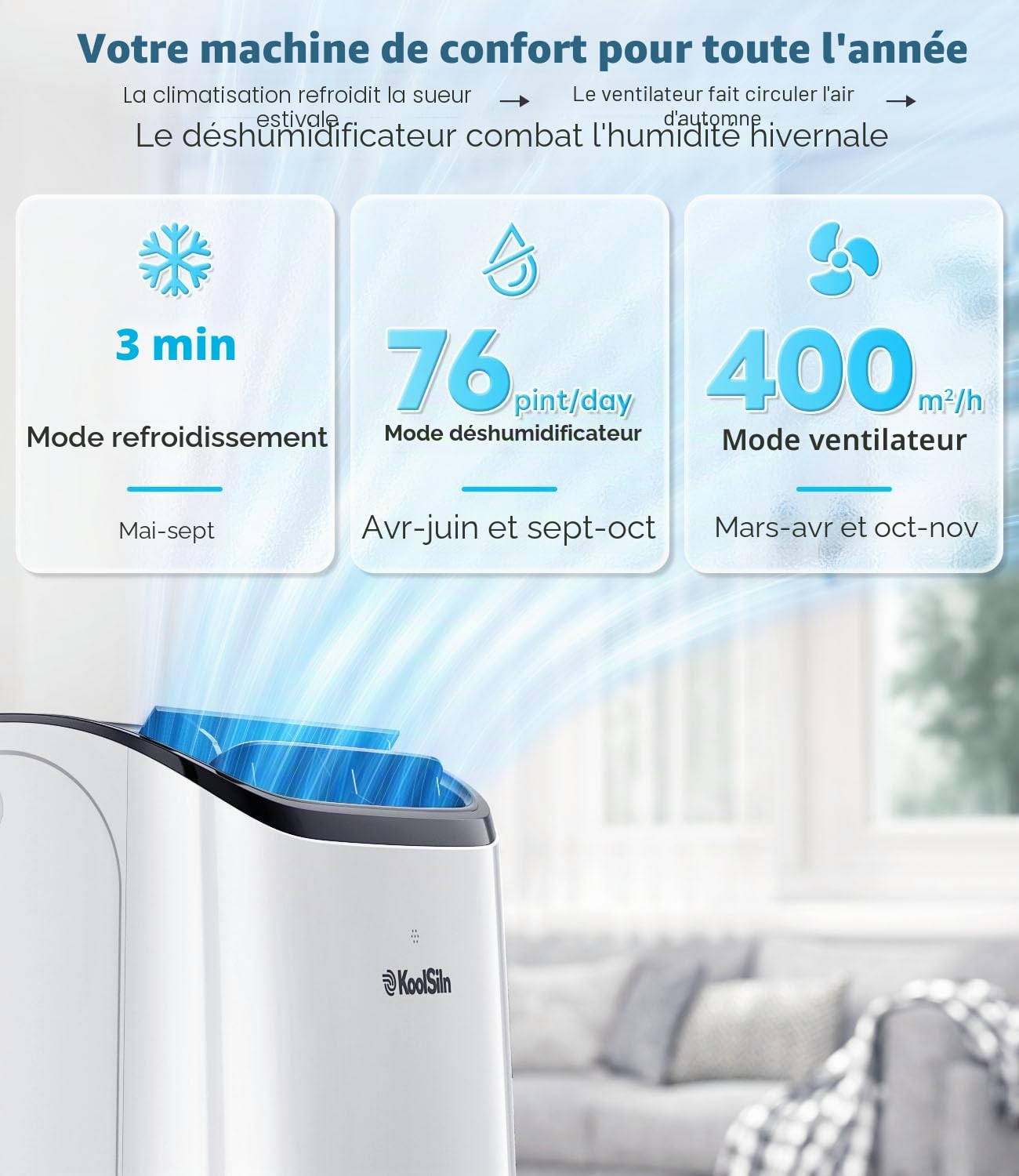 Climatiseur portable de 14 000 BTU avec fonctionnement silencieux et système d'évaporation automatique