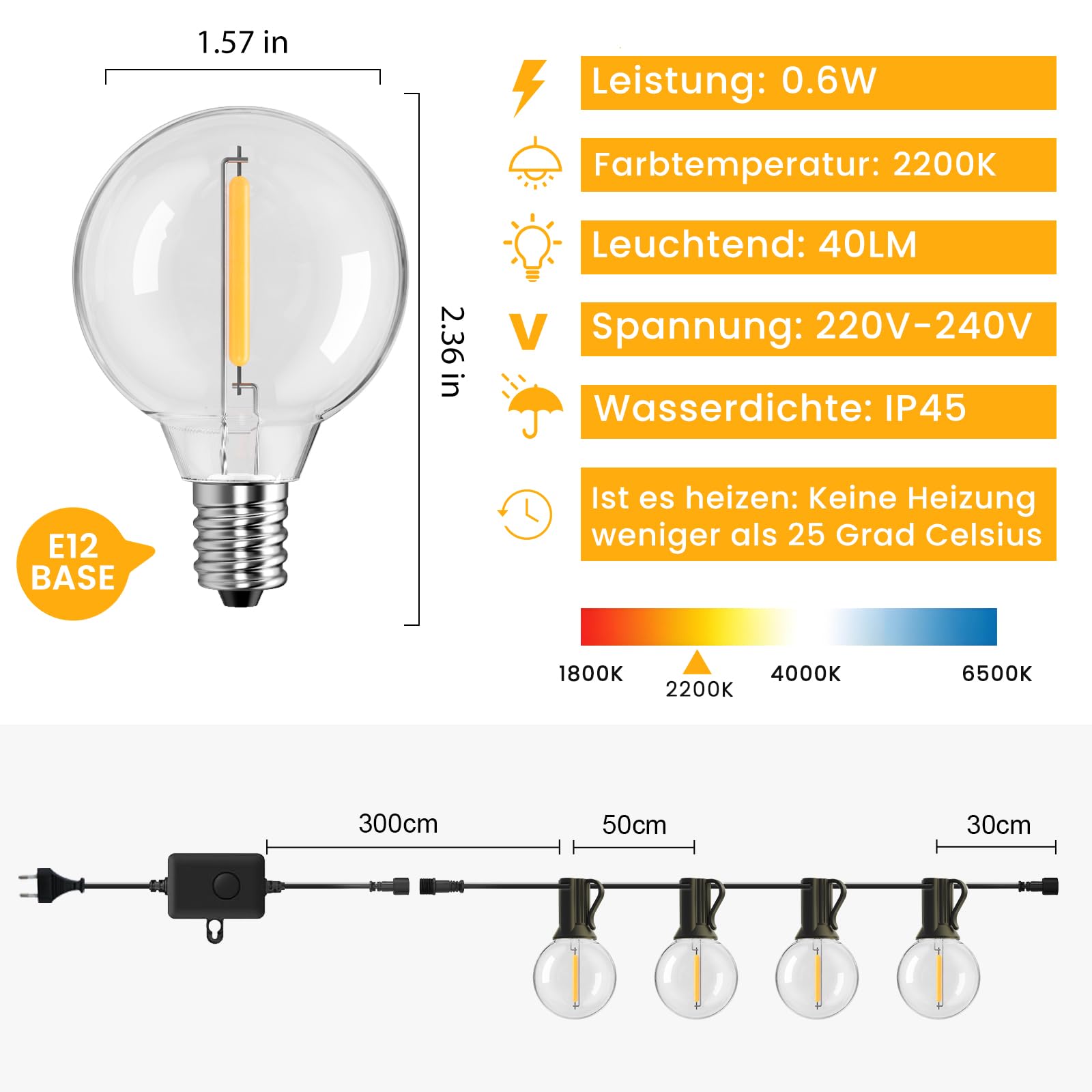 30M Dimmerabile Catena luminosa per esterni - IP45 impermeabile con 50+2 lampadine G40 (bianco caldo), illuminazione da giardino per terrazza, matrimoni, feste e balconi (Telecomando-30M)