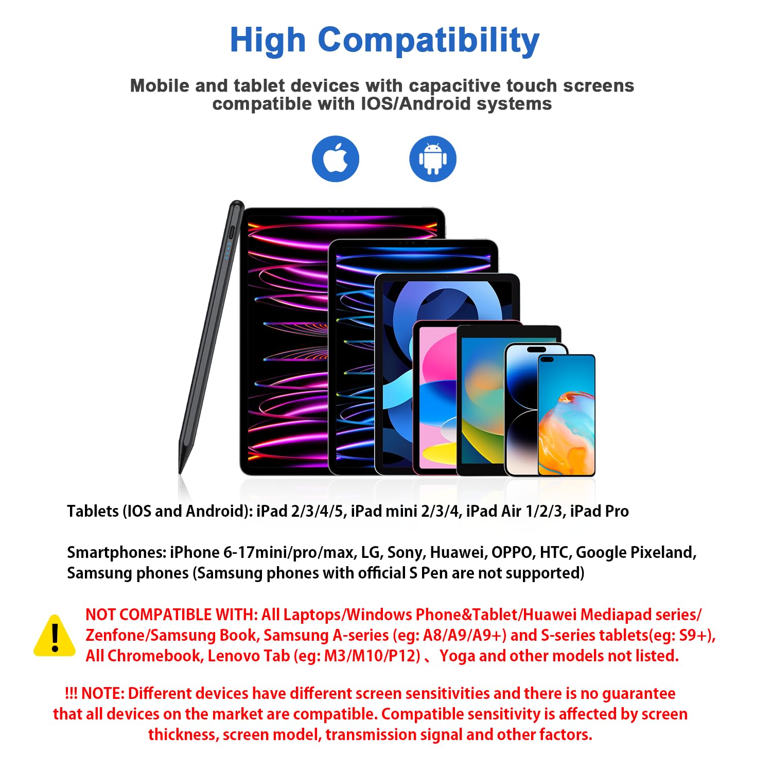 Lápices capacitivos para pantallas táctiles con pantalla de alimentación, lápiz táctil digital magnético compatible con iPhone/iPad/iPad Pro/Lenovo/y otros teléfonos inteligentes y tabletas