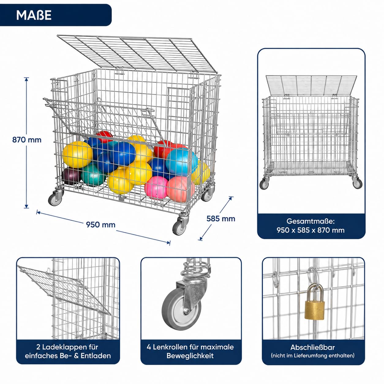 Carro de rejilla con cerradura – Capacidad de carga de 150 kg – Carro móvil con 2 solapas de carga – Caja de rejilla para equipos deportivos y pelotas – Carro de almacenamiento 585 x 950 x
