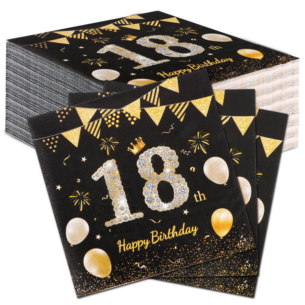 60 Stück Premium Servietten Schwarz Gold | 18. Geburtstag Deko für Mädchen & Jungen | Elegante Geburtstagsservietten 33x33 cm | Luxus Tischdeko für Teenager-Party | Hochwertige Servietten Party