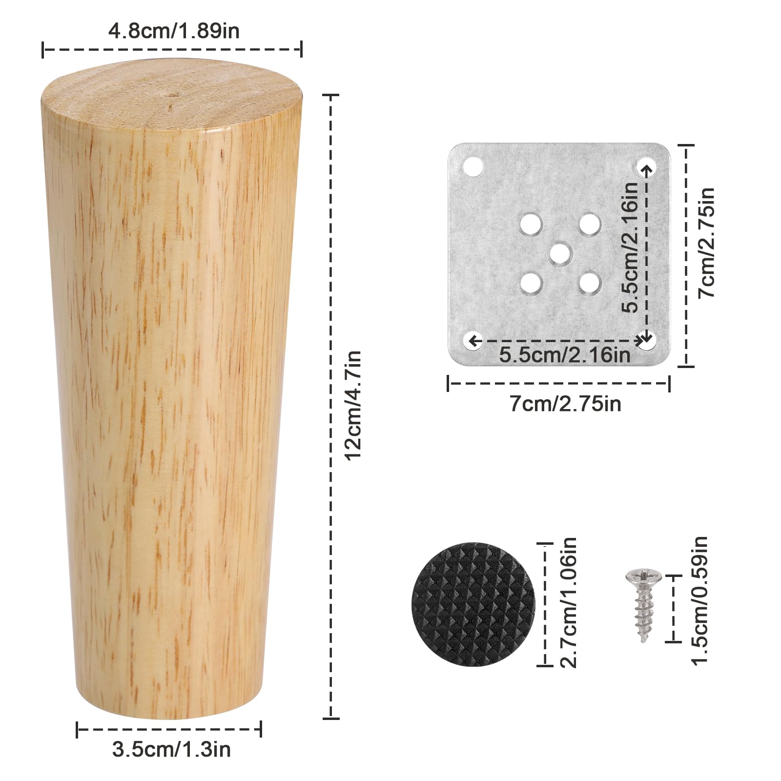 Zocipro 4Pcs Wooden Furniture Legs, 12cm Solid Wood Replacement Sofa Legs Straight Cone Furniture Feet - Image 2