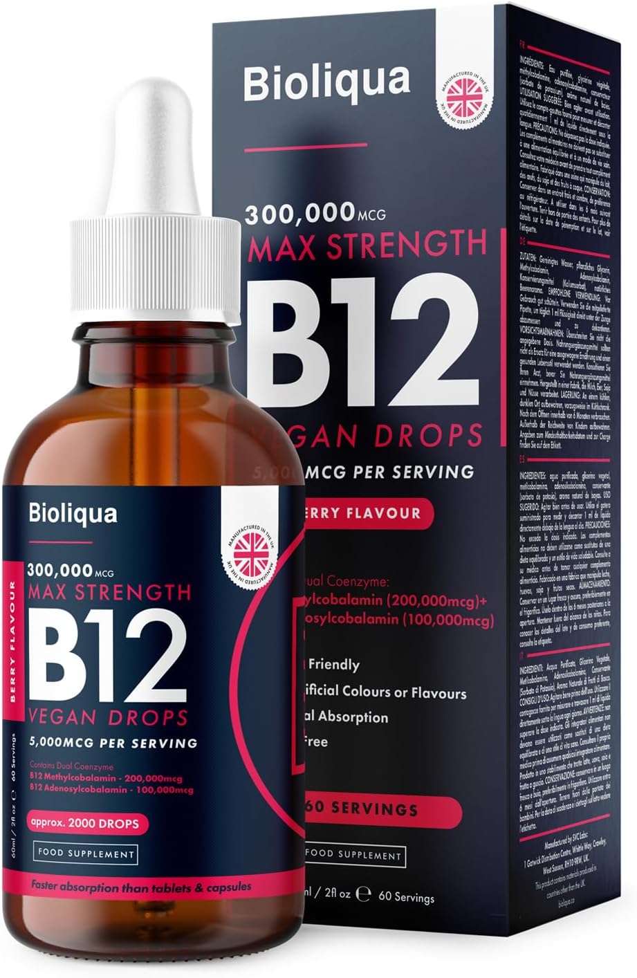 Vitamin B12 Liquid Drops - High Strength 5000mcg per Serving - Vegan Supplement - 60ml Bottle at 4X Concentration - 2 Month Supply of Premium Vitamin B12 Extract - Made in UK by Balance