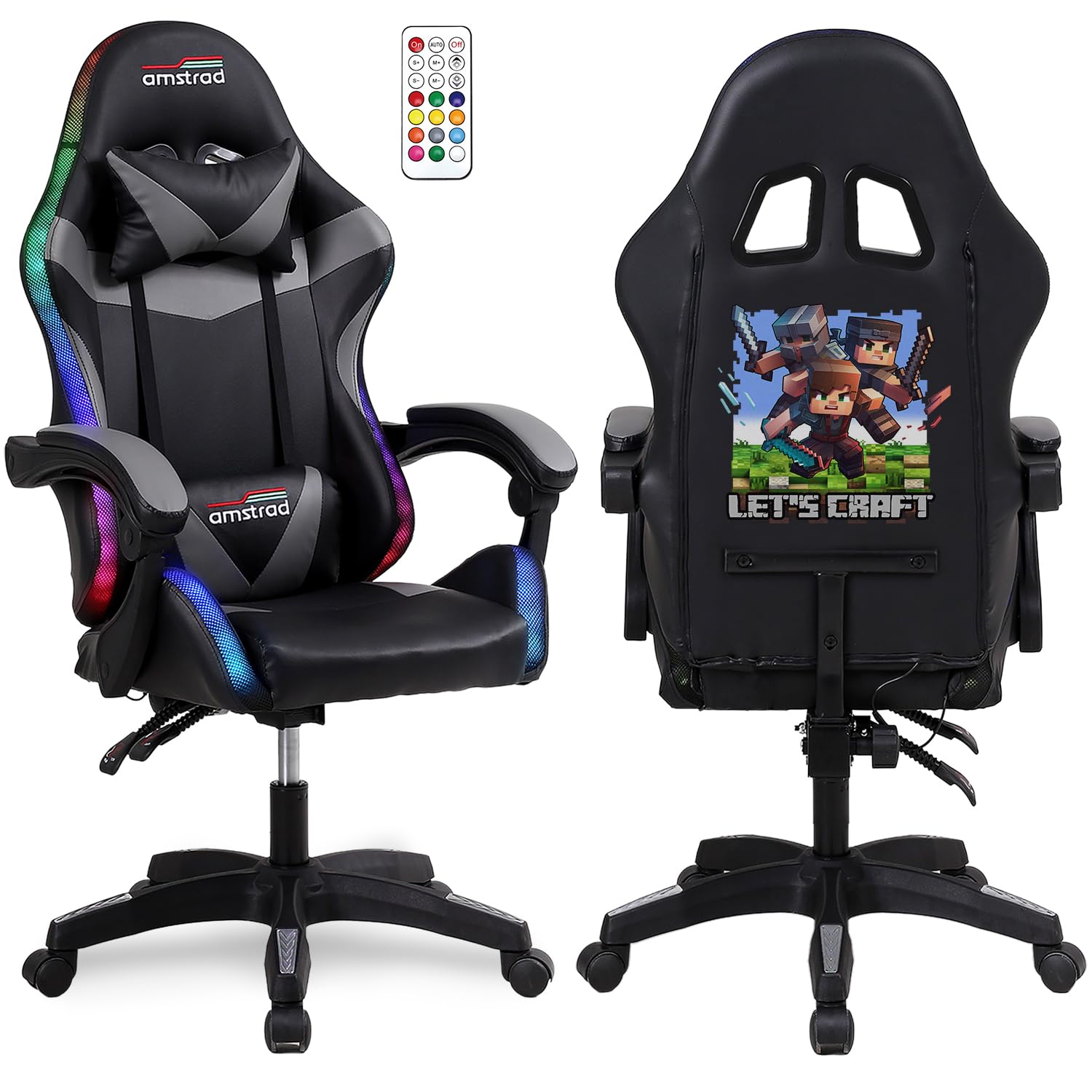 Amstrad AMS-900-LED-CRAFTER - Fauteuil Gaming Noir et Gris - Serigraphie Crafter - Eclairage LED 366 Effets - Télécommande